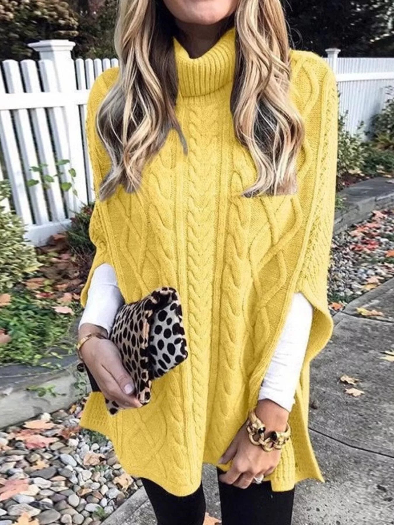Chunky Cable Knit Turtleneck Poncho Cover Up