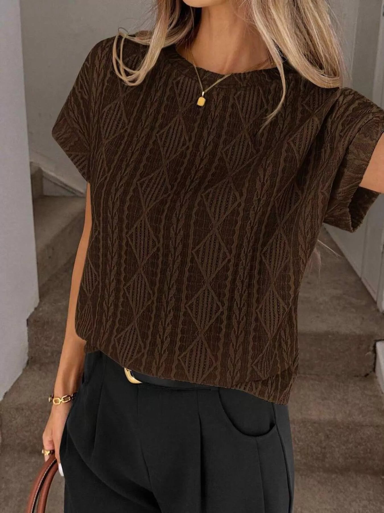 Diamond Pattern Round Neck Top