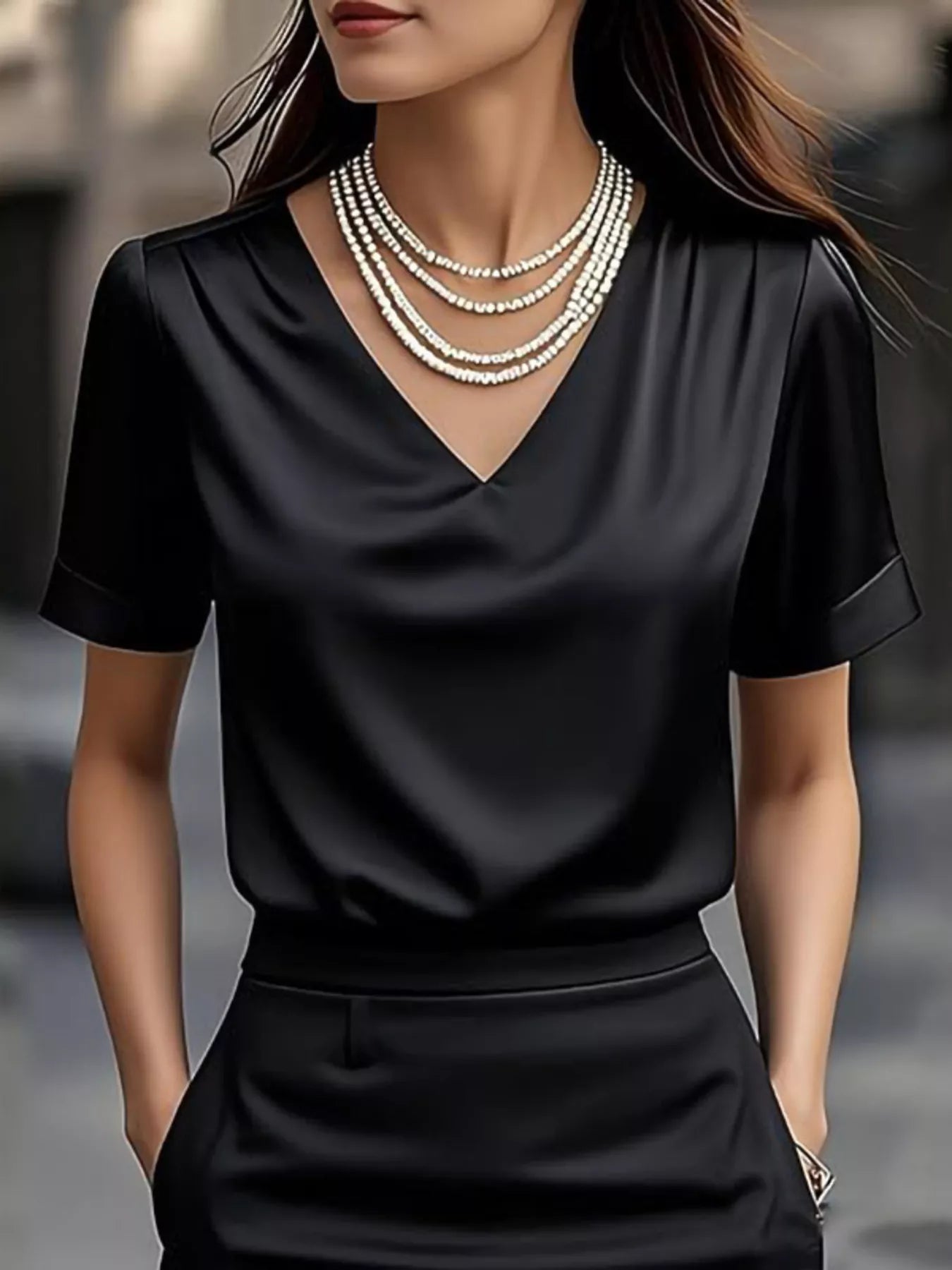 V-Neck Short Sleeve Satin Blouse