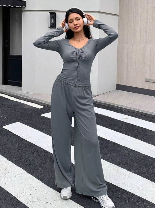 Button-Down Top & Wide Leg Pants Set