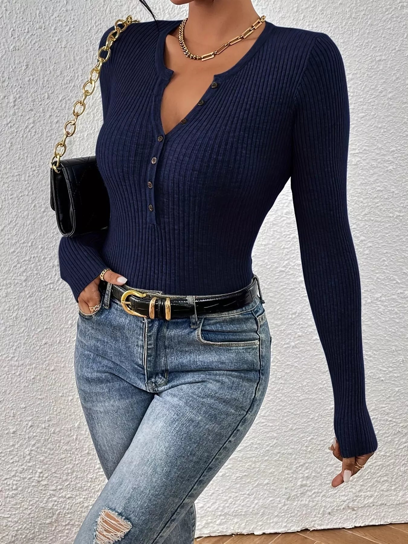 Ribbed Knit Button Front Knit Top
