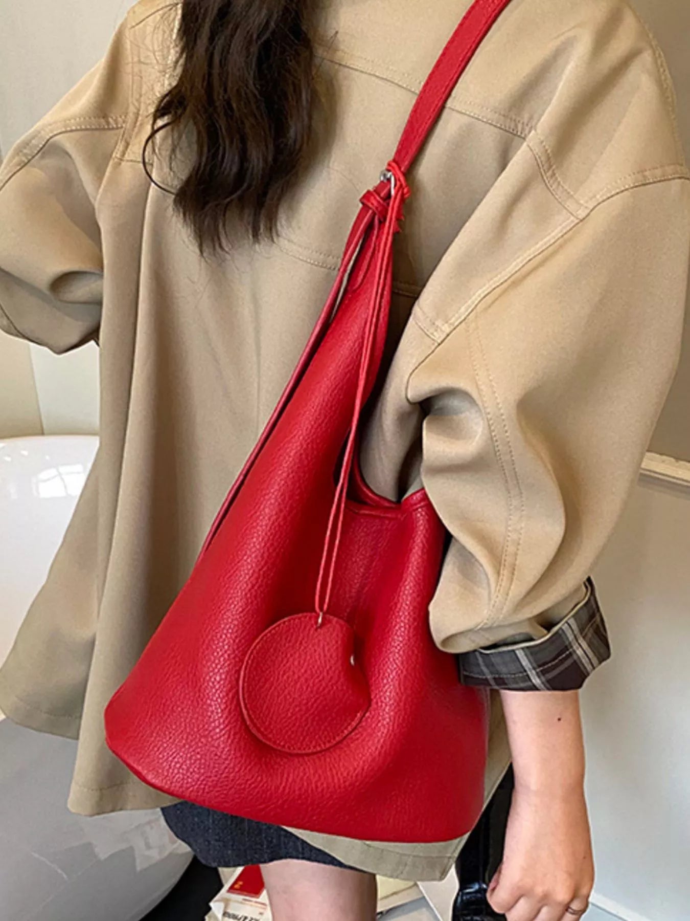 Solid Color Leather Handbag