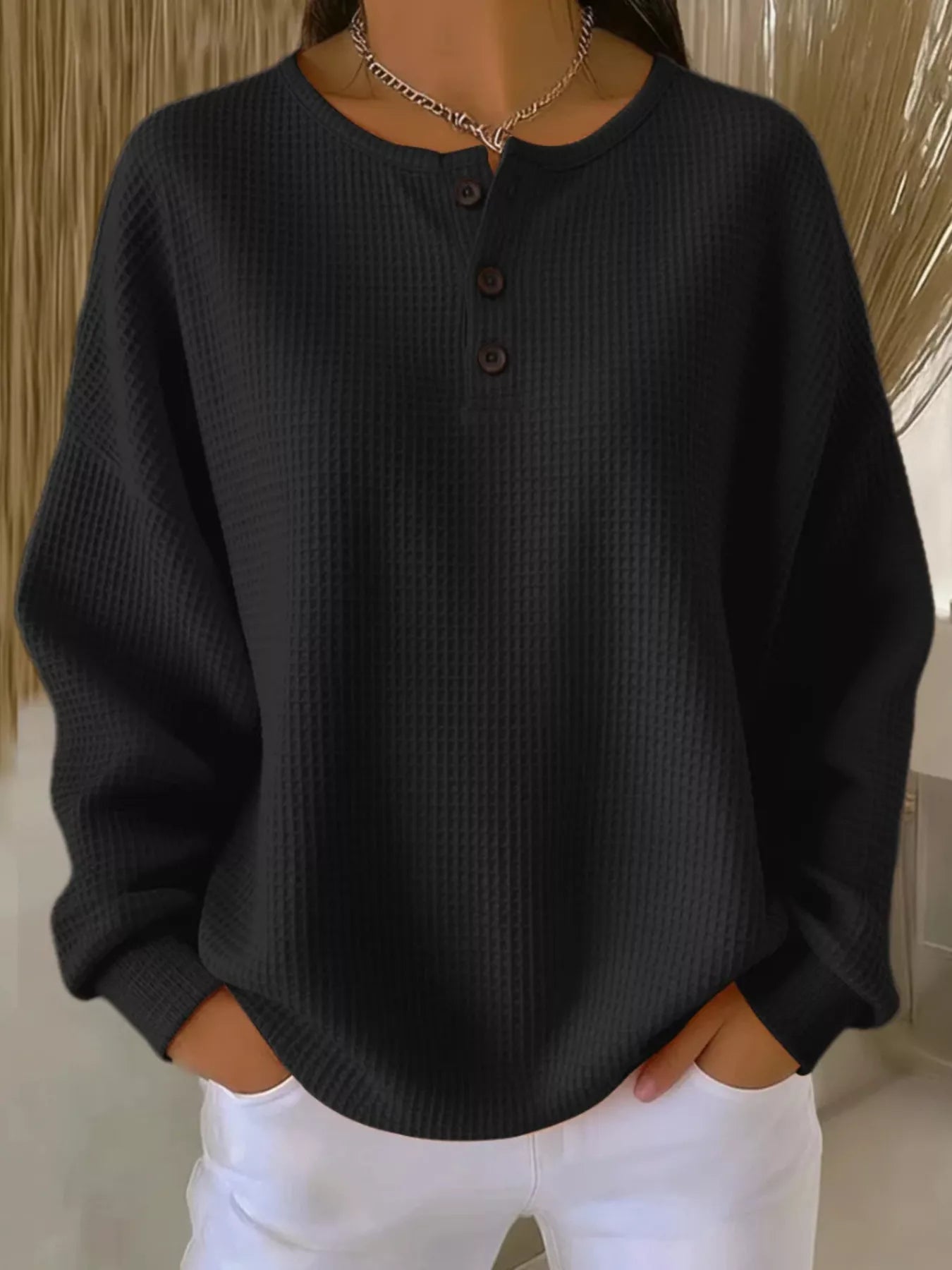 Full Size Casual Waffle Knit Button Detail Pullover Plus Size