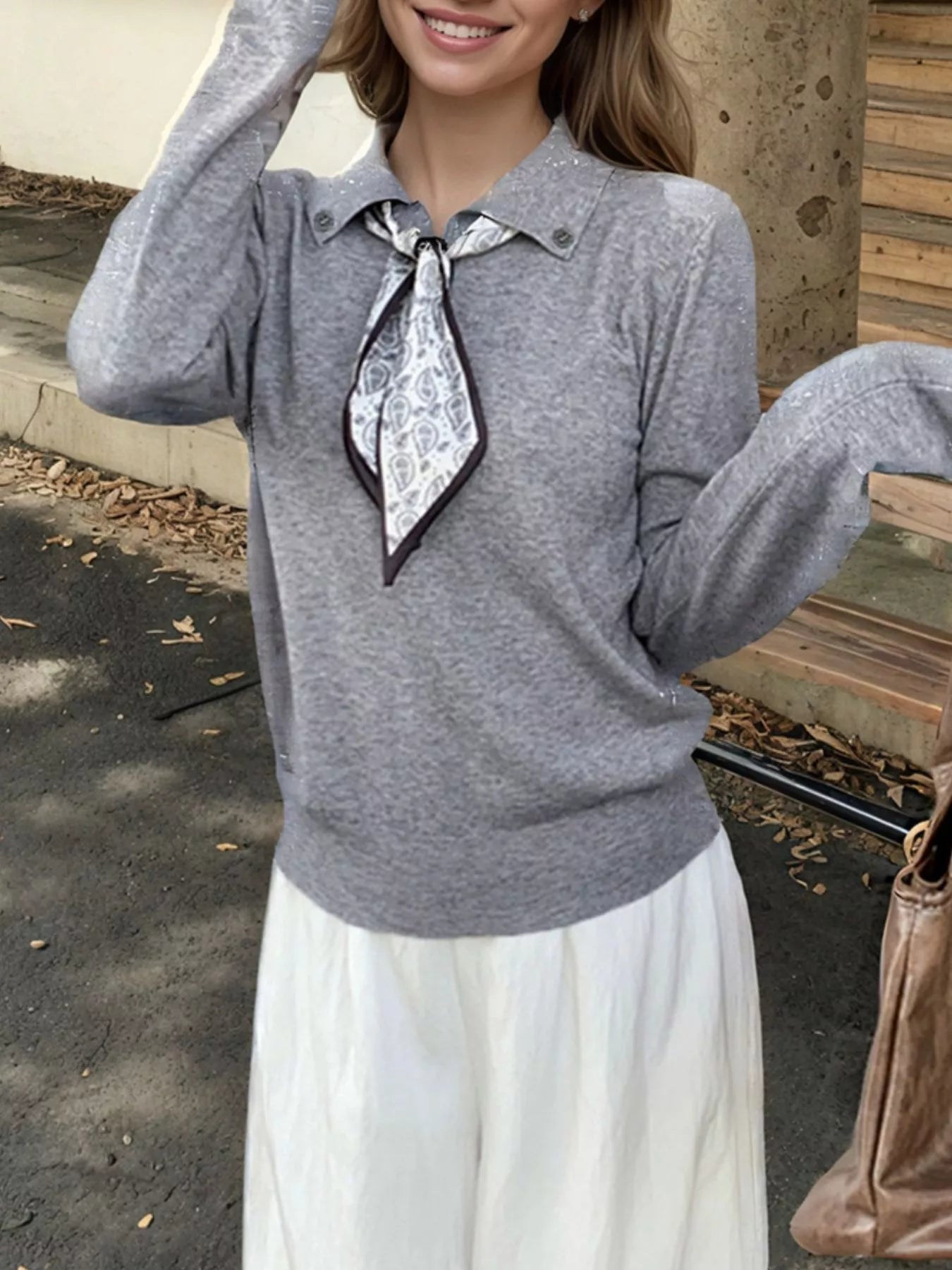 Scarf-Accented Long Sleeve Sweater