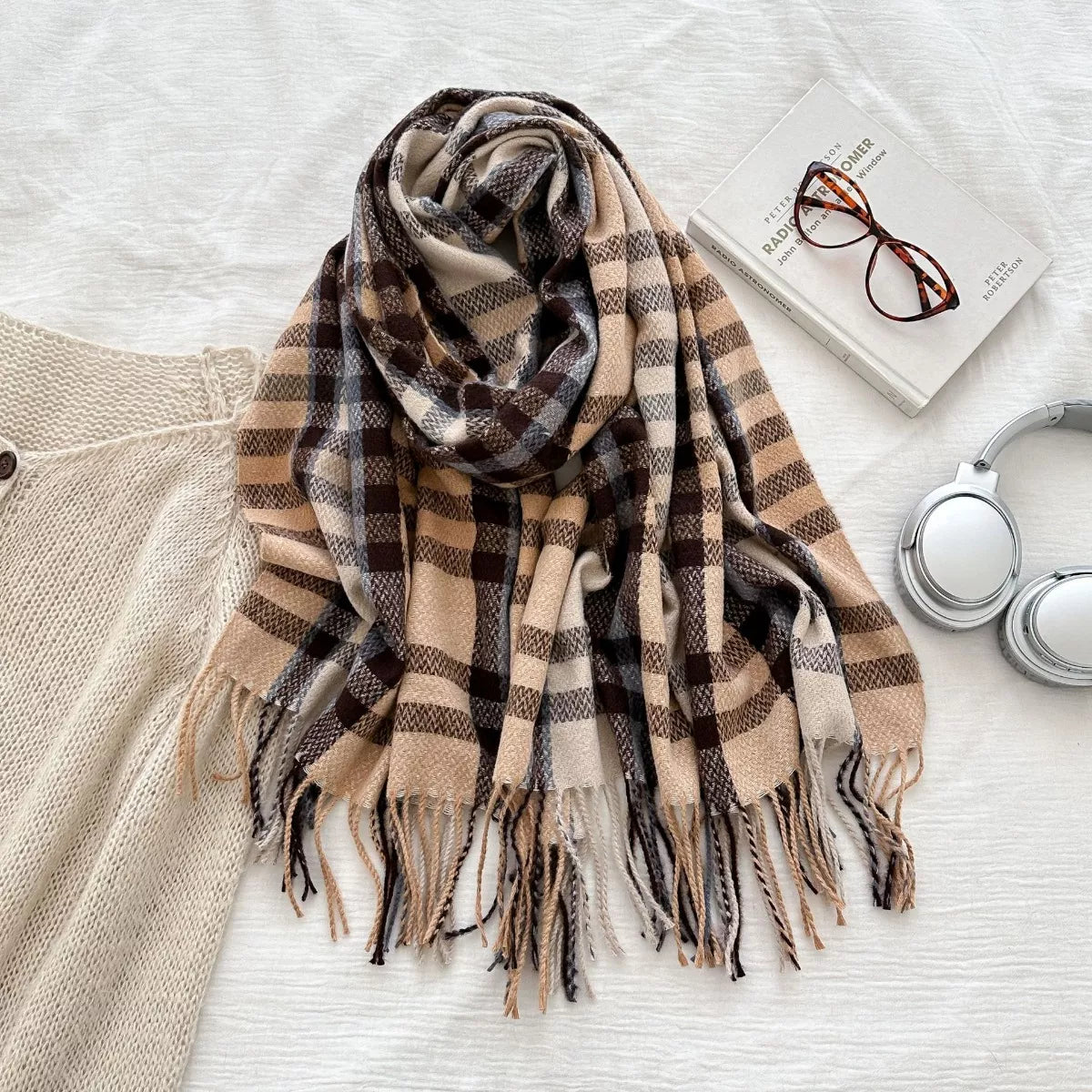 Warm Plaid Fringe Scarf