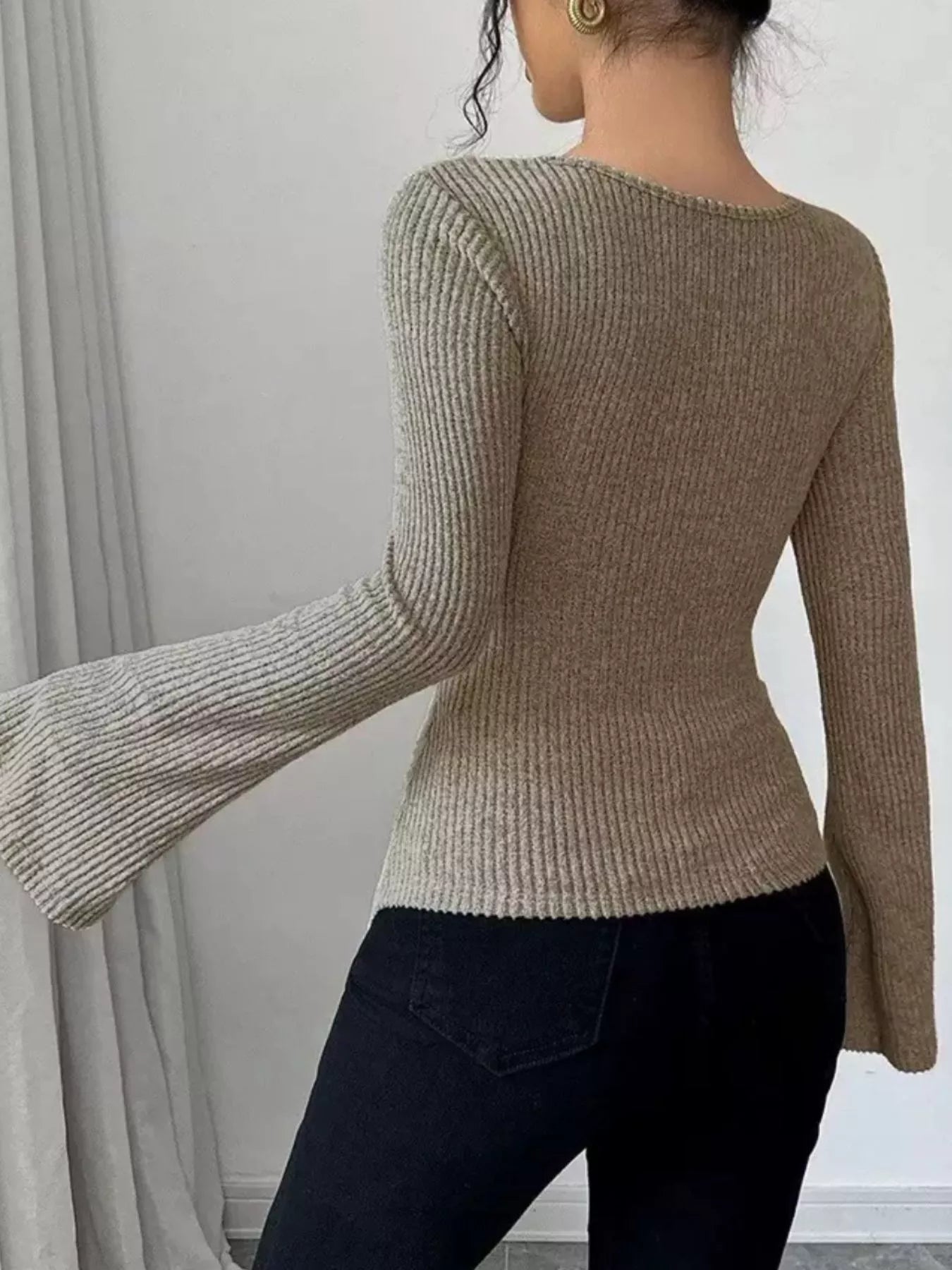 Off-Shoulder Bell Sleeve Ribbed Blouse