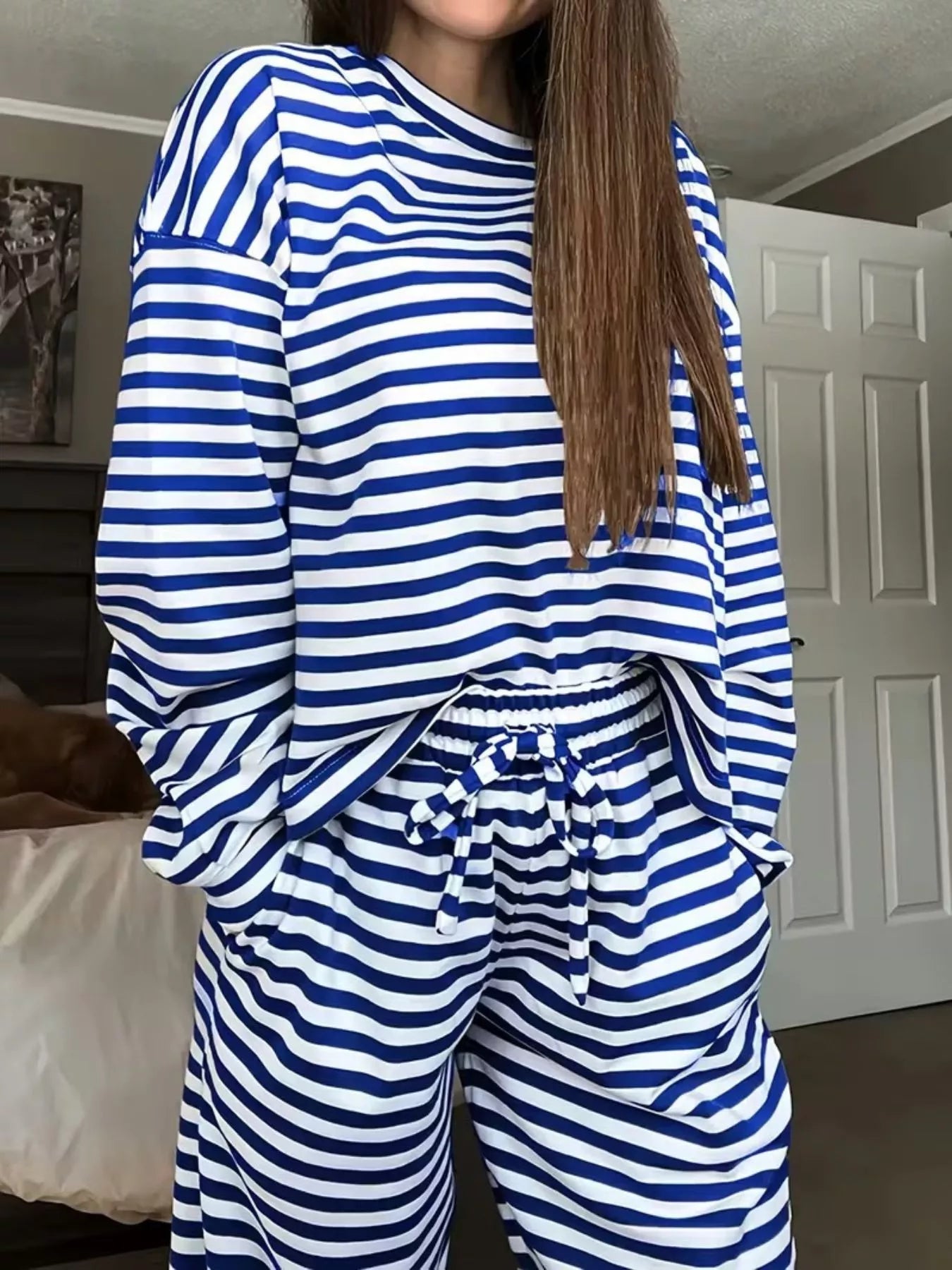 Striped Round Neck Top and Pants Set