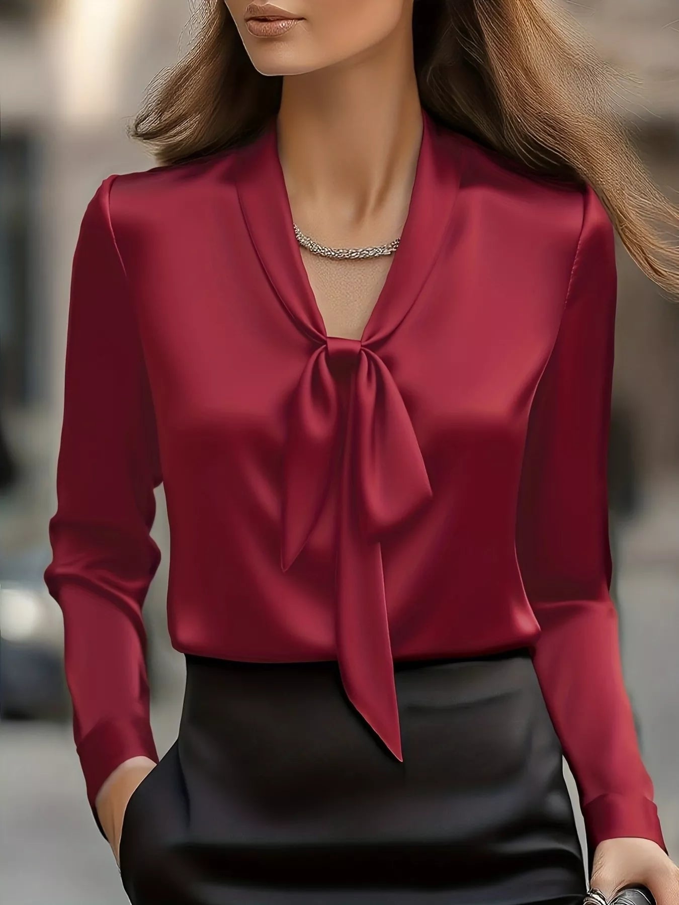 Satin Tie Front Long Sleeve Blouse