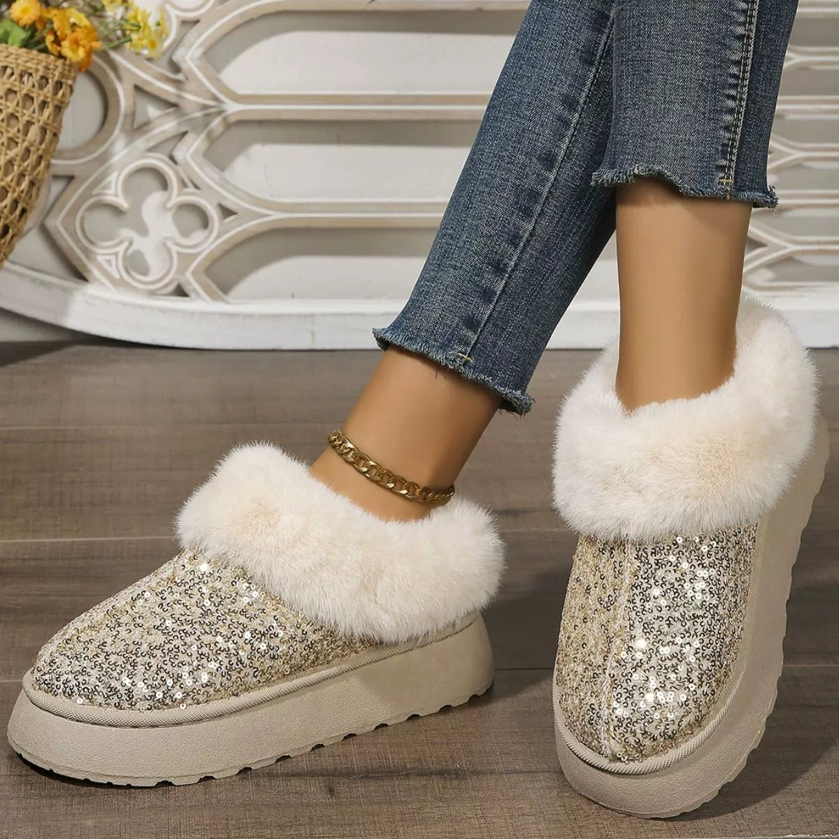 Sequin Round Toe Platform Boots