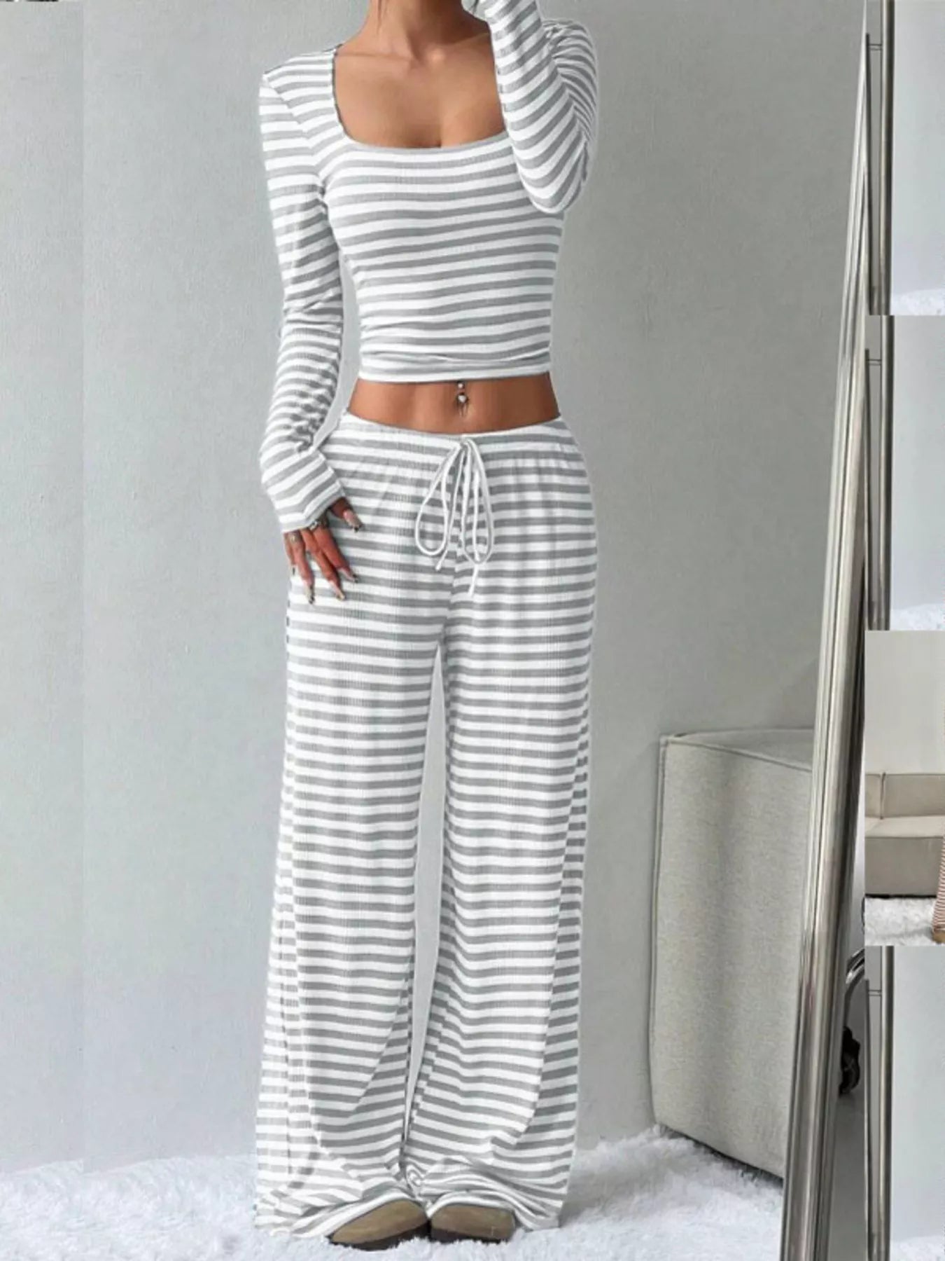 Striped Long Sleeve Crop Top and Wide Leg Pants Set