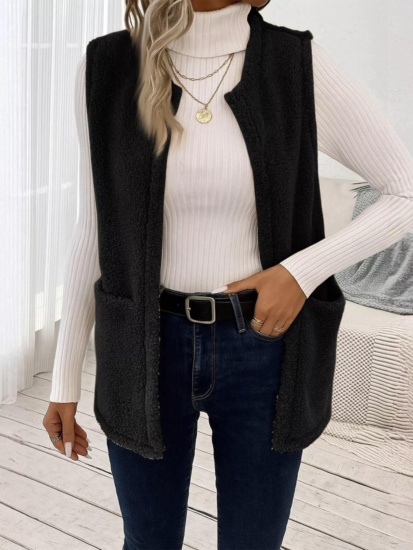 Sleeveless Fuzzy Fleece Vest Coat