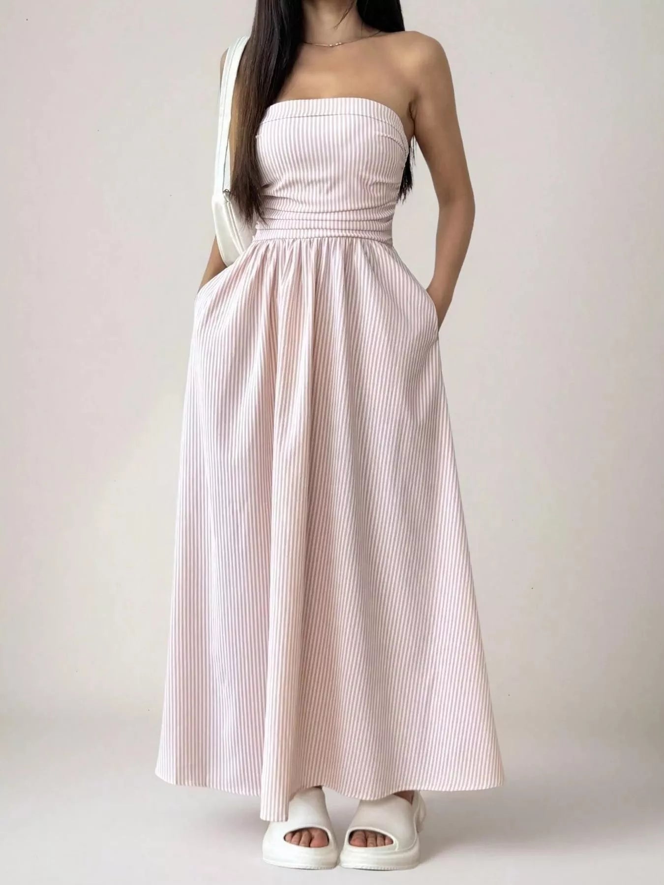 Striped Strapless Casual Maxi Dress