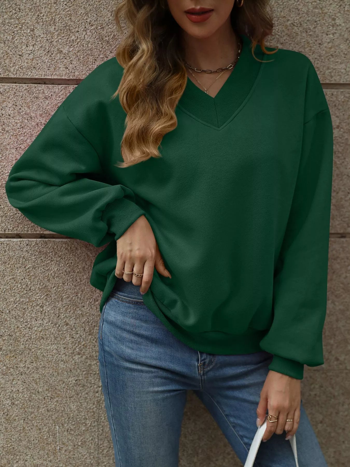 V-Neck Solid Color Casual Sweatshirt
