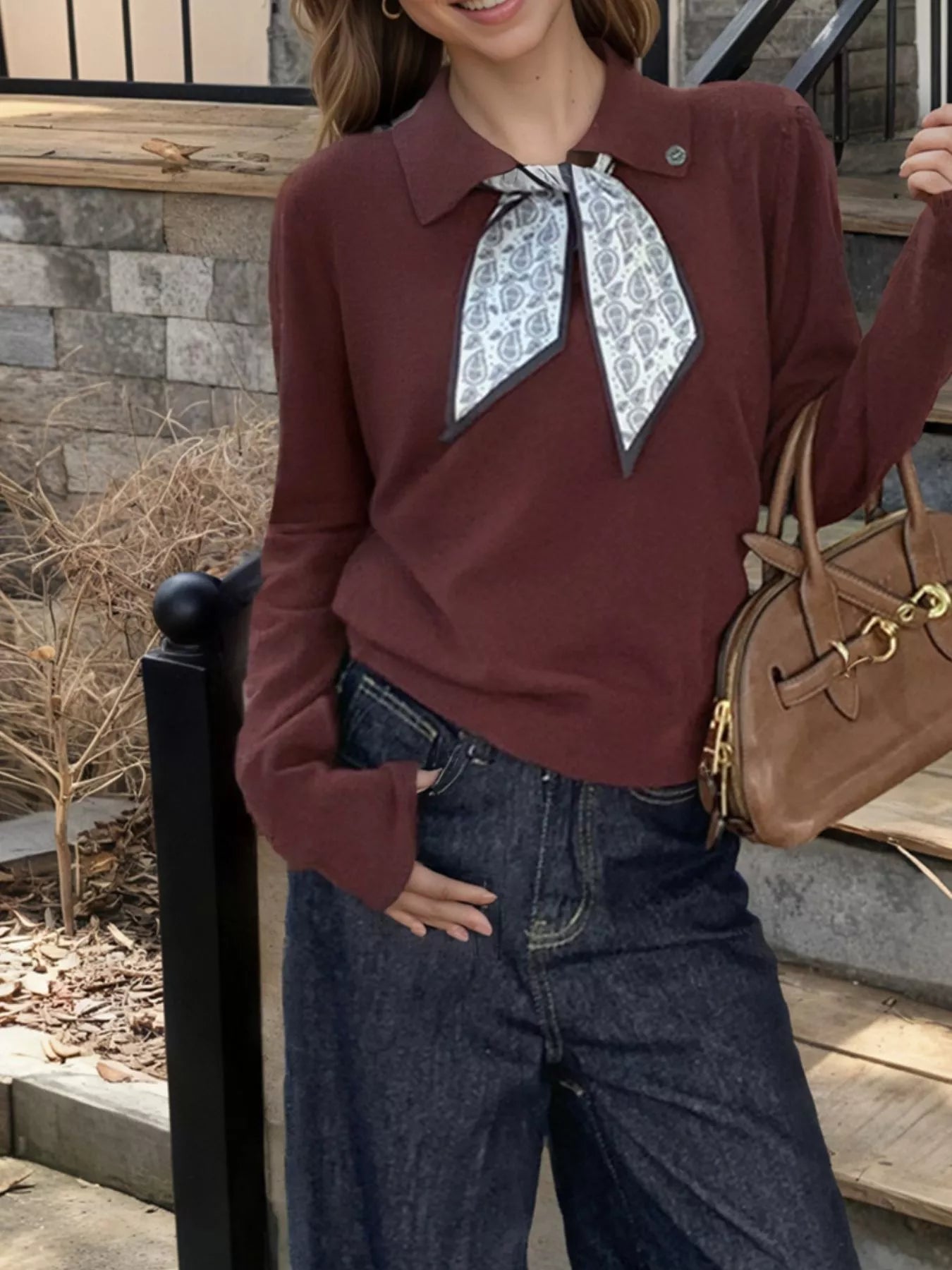 Scarf-Accented Long Sleeve Sweater