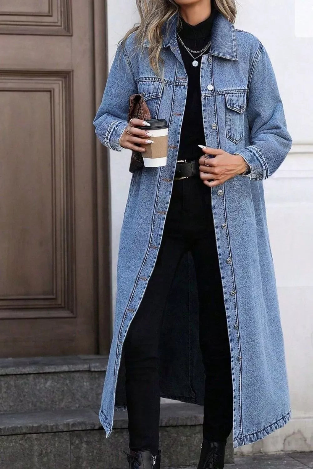 Longline Button-Front Denim Jacket