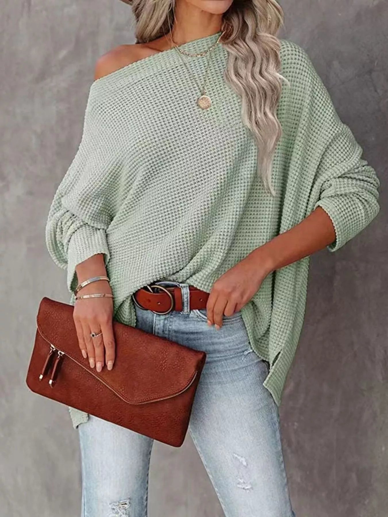 Waffle Knit Boat Neck T-Shirt