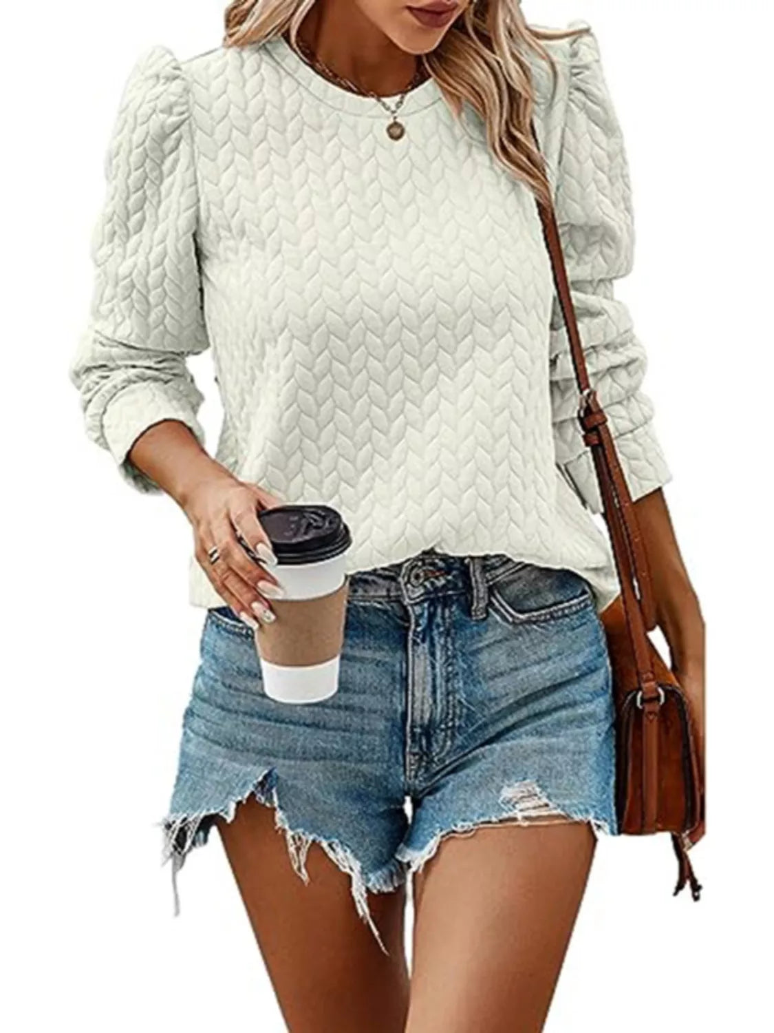Textured Round Neck Long Sleeve Blouse