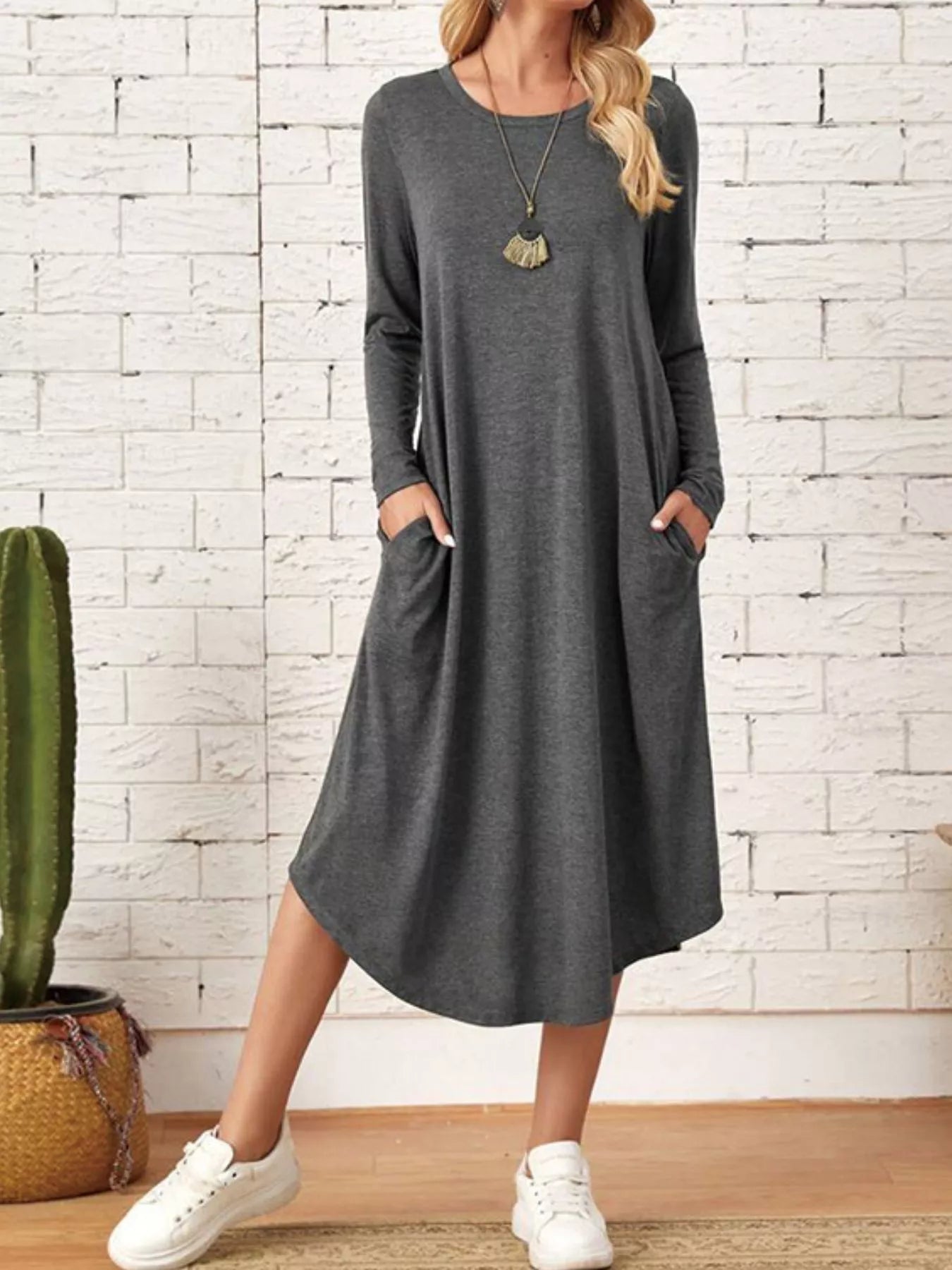 Casual Long Sleeve Pocket Midi Dress