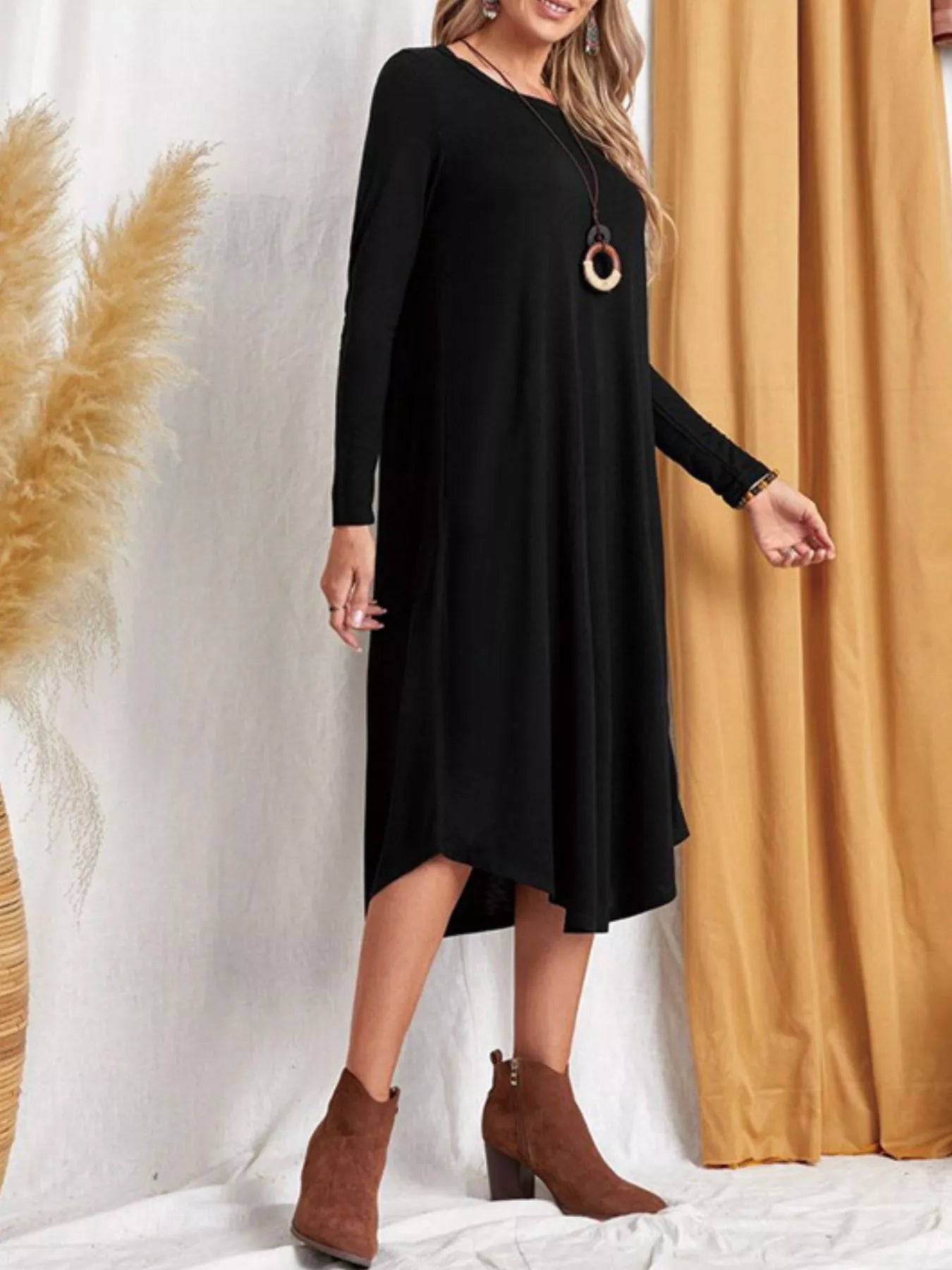 Casual Long Sleeve Pocket Midi Dress