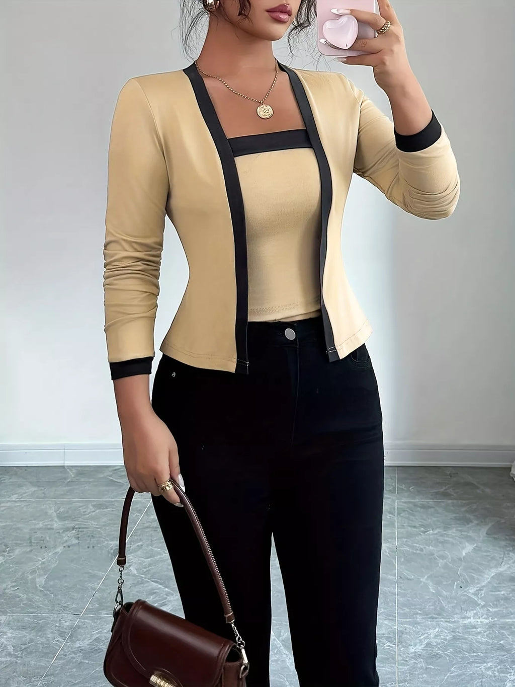 Contrast Trim Long Sleeve Top