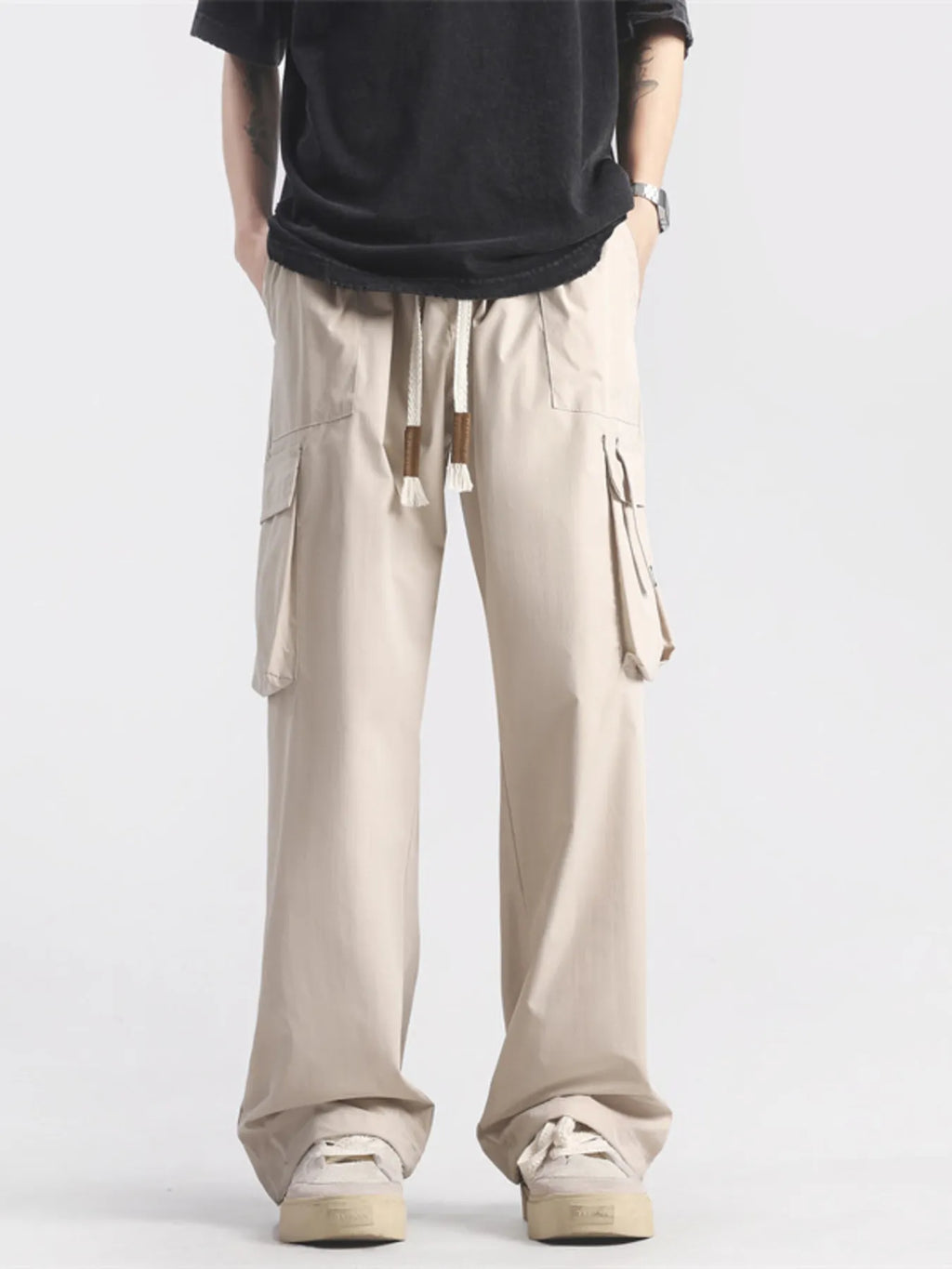 Men's Plus Size Loose Fit Cargo Pants with Drawstring