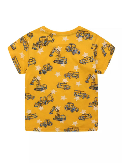 Children's Construction Vehicle Print Crew Neck Short Sleeve T-Shirt