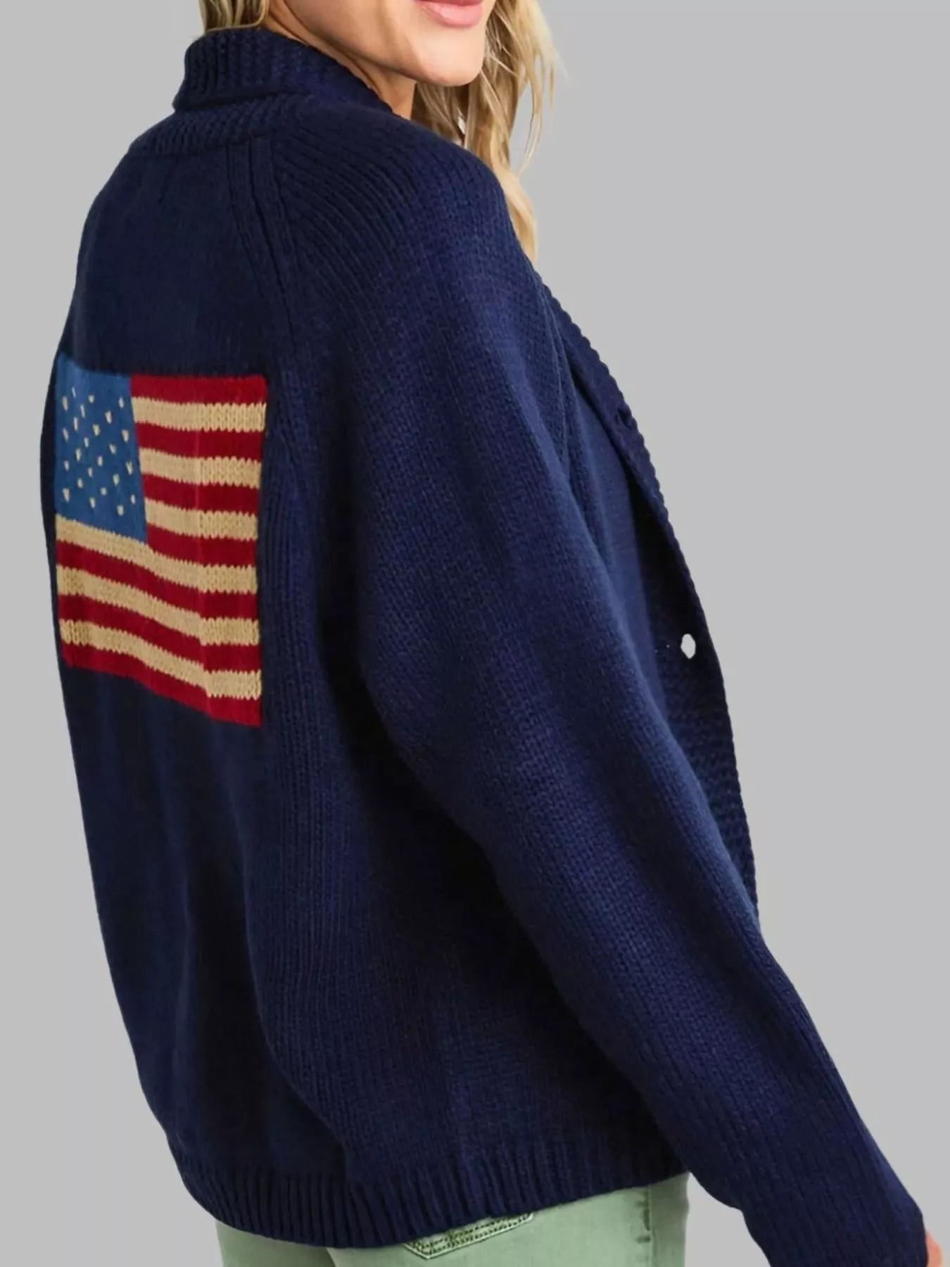 USA Flag Chunky Knit Button-Down Cardigan