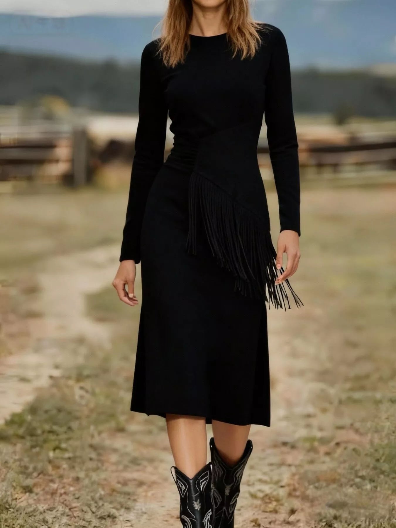 Suede Fringe Long Sleeve Midi Dress