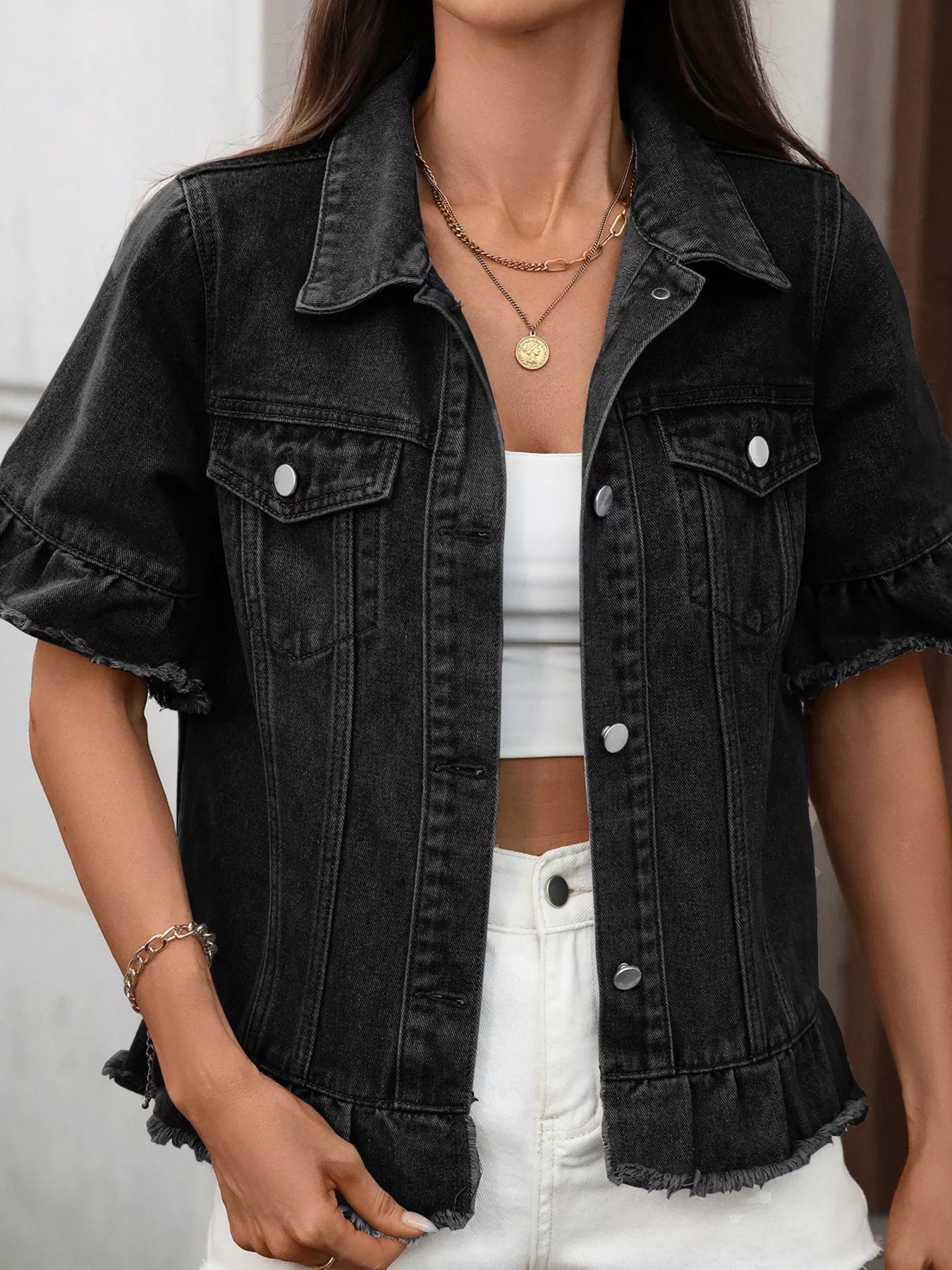 Raw Hem Button Up Denim Jacket