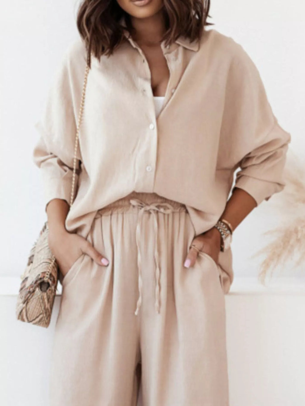 Full Size Button Up Shirt and Pants Set Plus Size