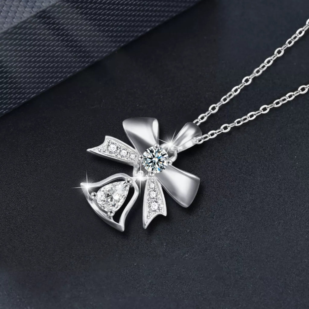 925 Sterling Silver Moissanite Bow Bell Pendant Necklace