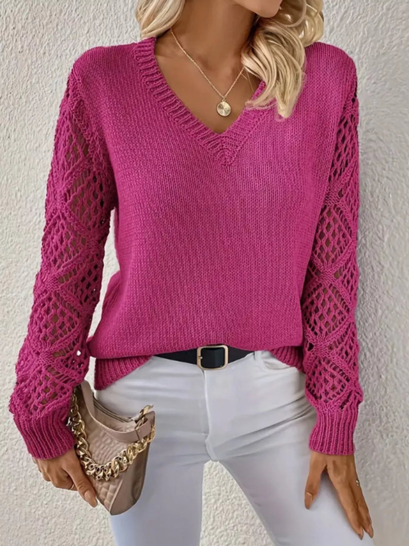 V-Neck Crochet Sleeve Sweater