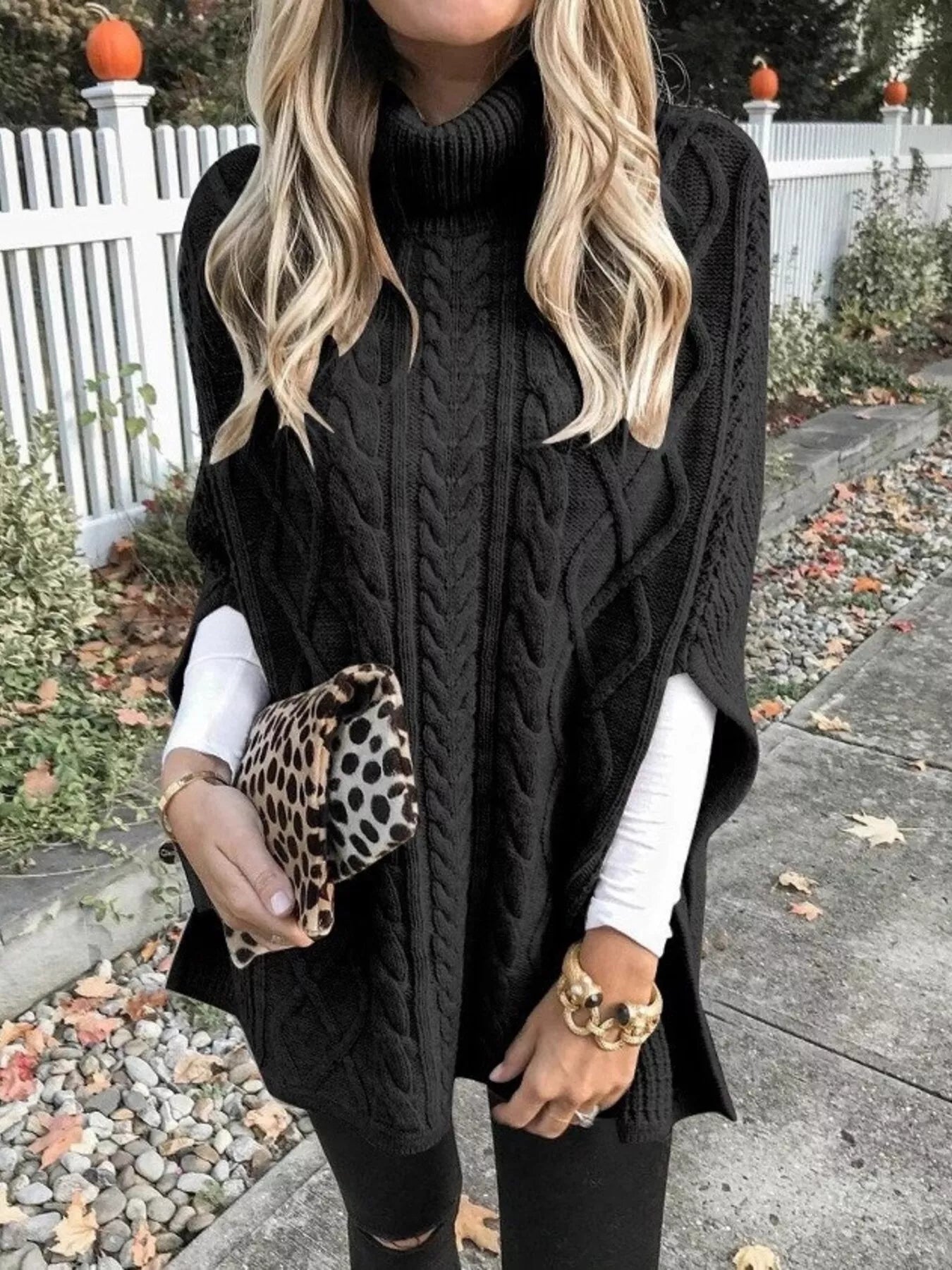 Chunky Cable Knit Turtleneck Poncho Cover Up