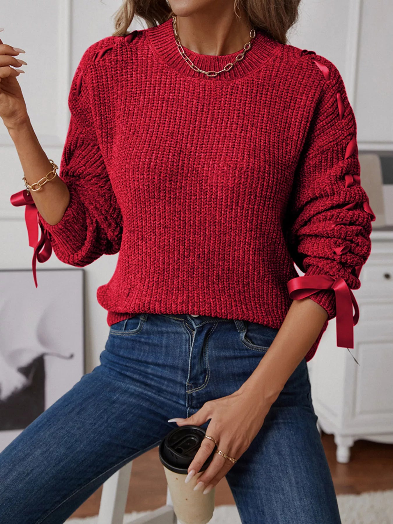 Ribbon-Tie Sleeve Round Neck Sweater