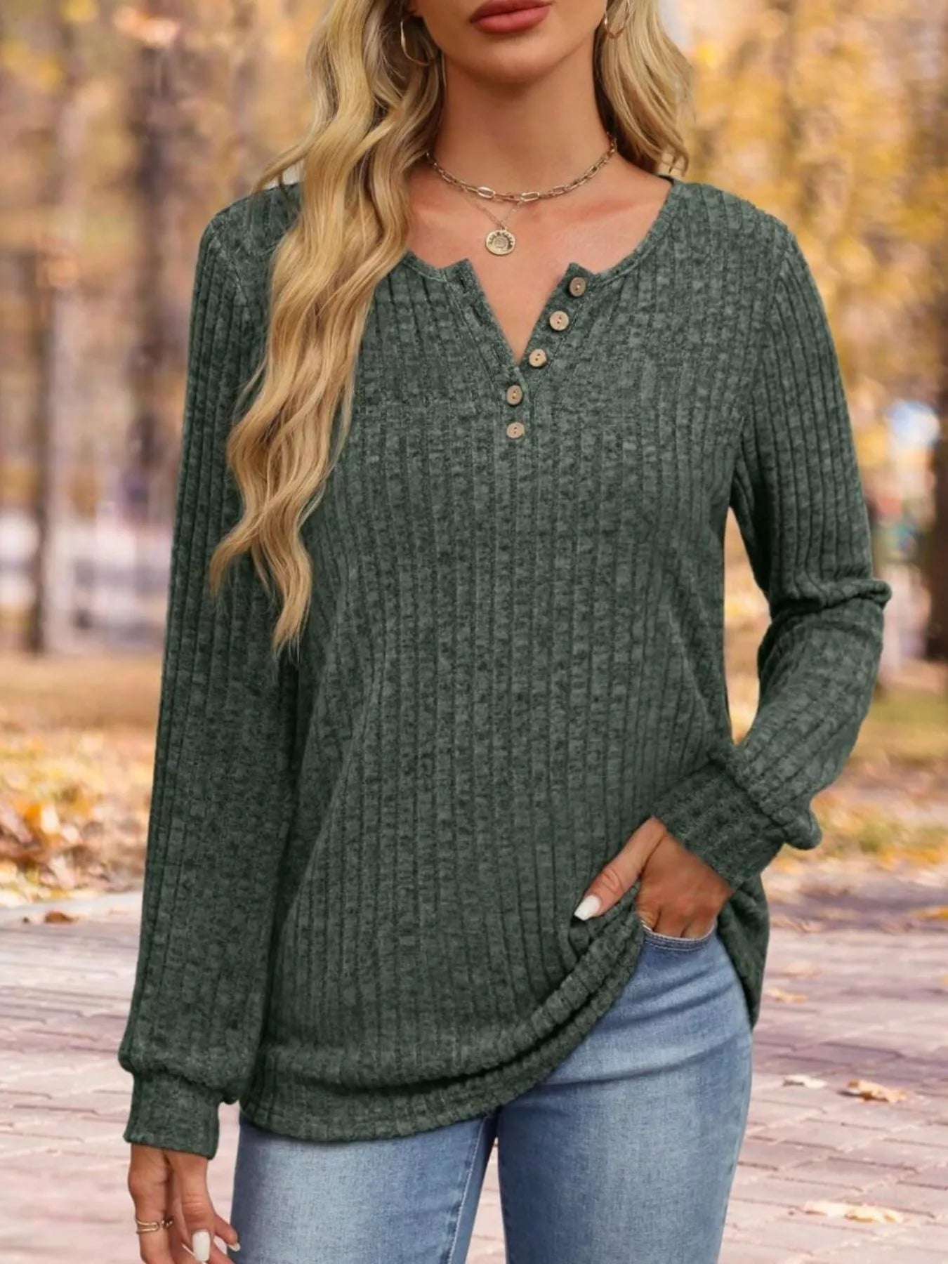 Ribbed Knit Button-Front Long Sleeve T-Shirt