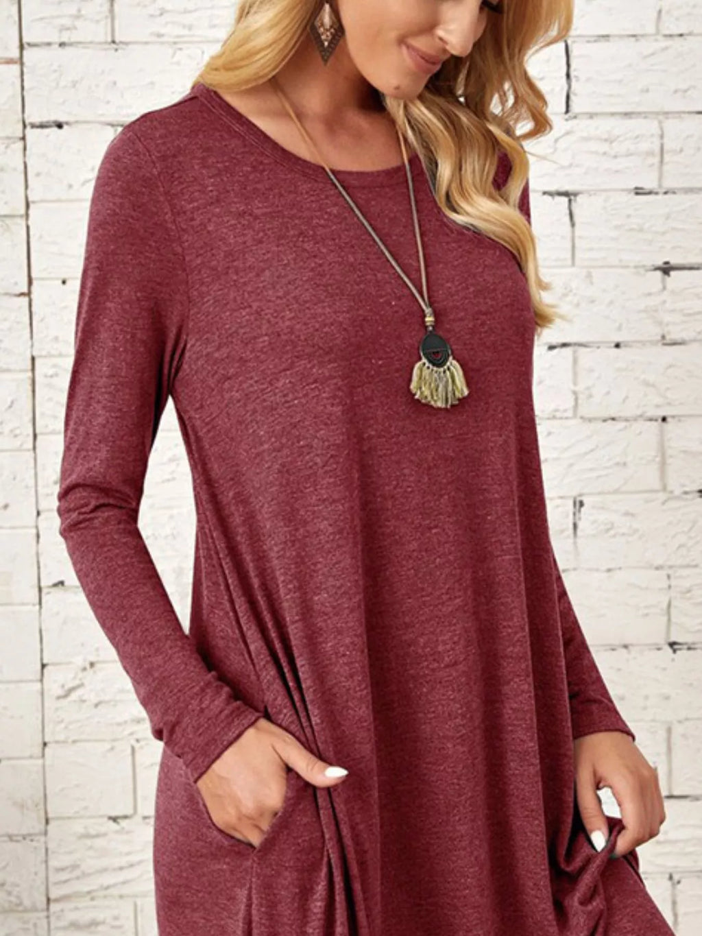 Casual Long Sleeve Pocket Midi Dress