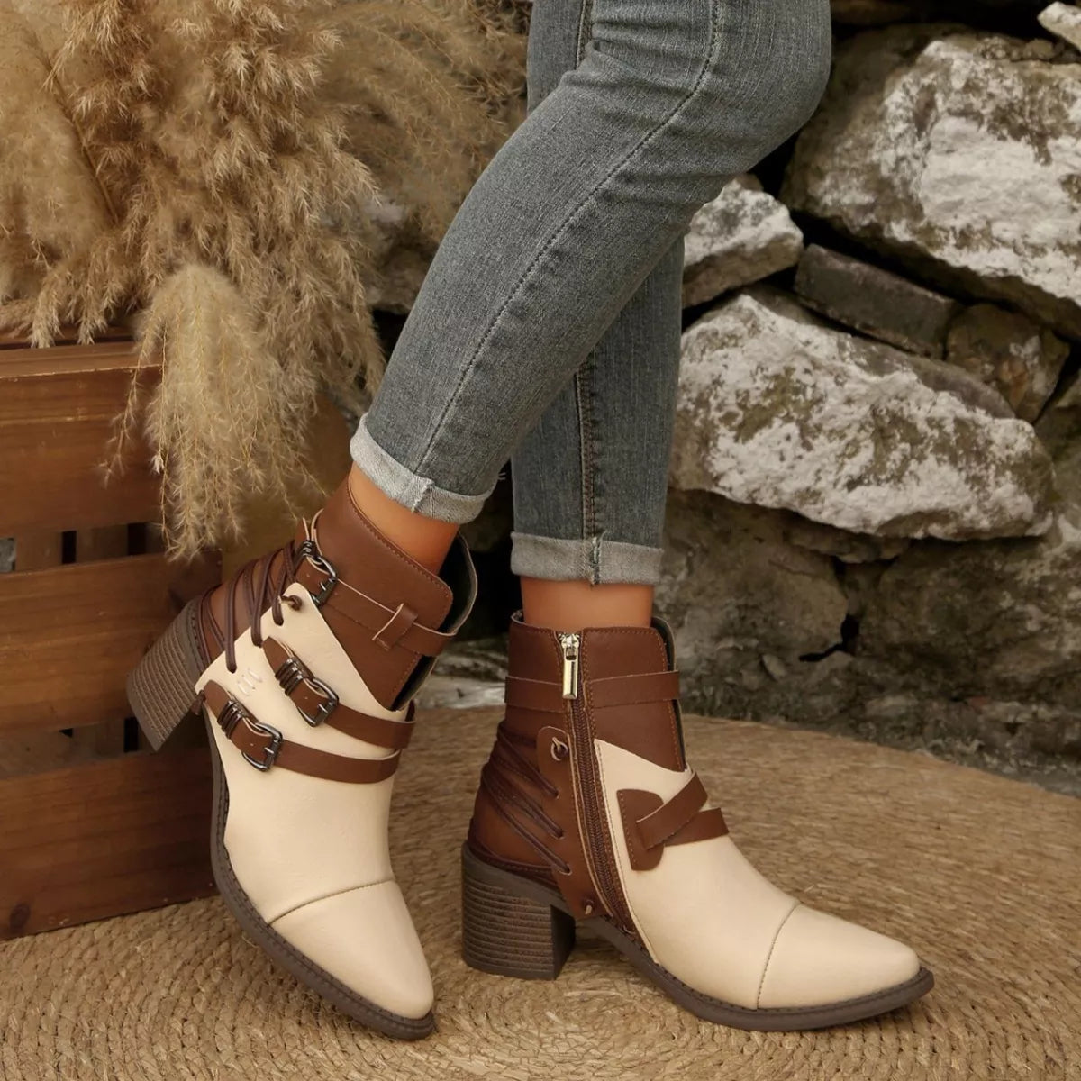 Point Toe Buckle Strap Ankle Boots with Block Heels