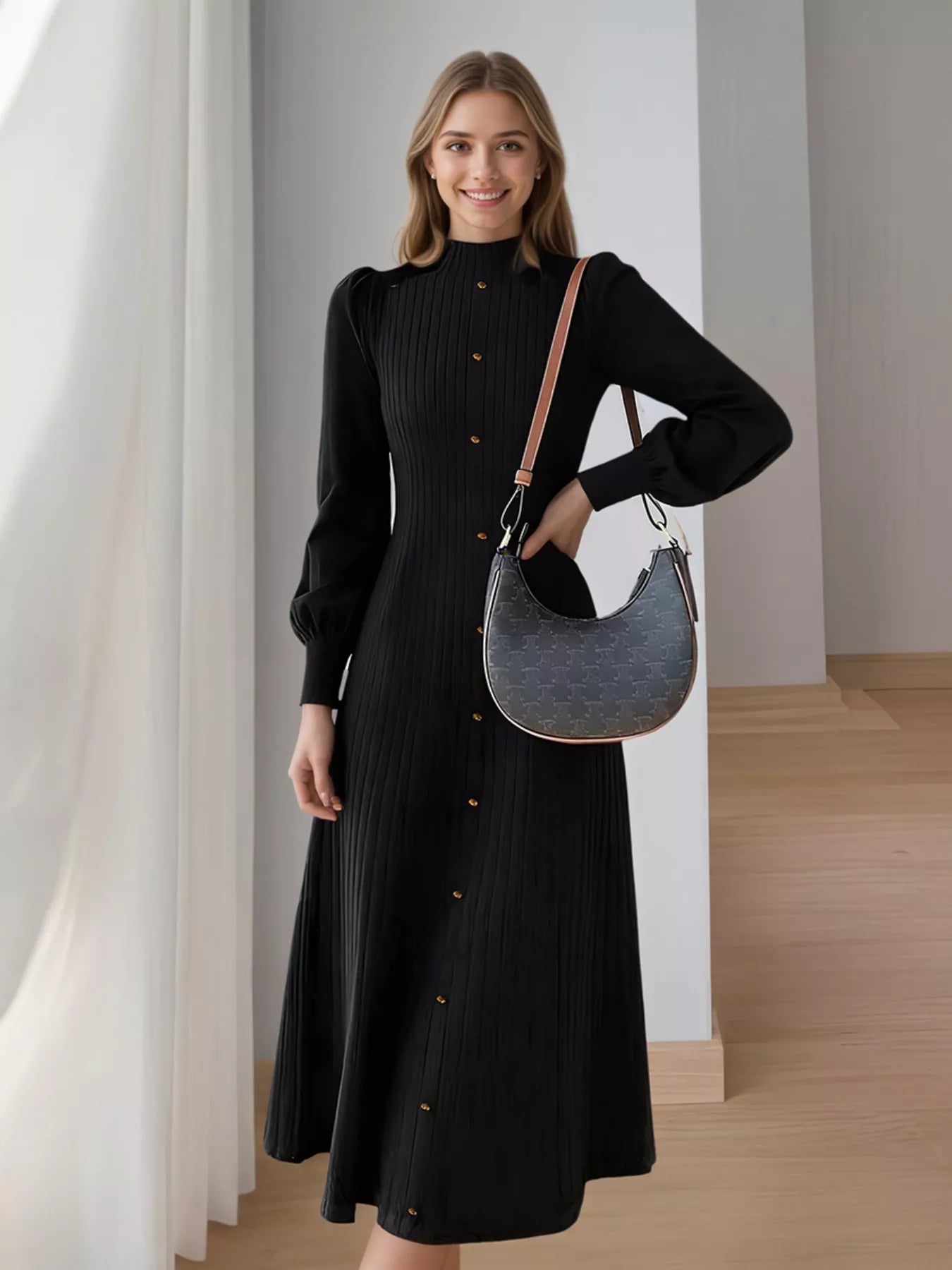 Ribbed Knit Mock Neck Midi Dress
