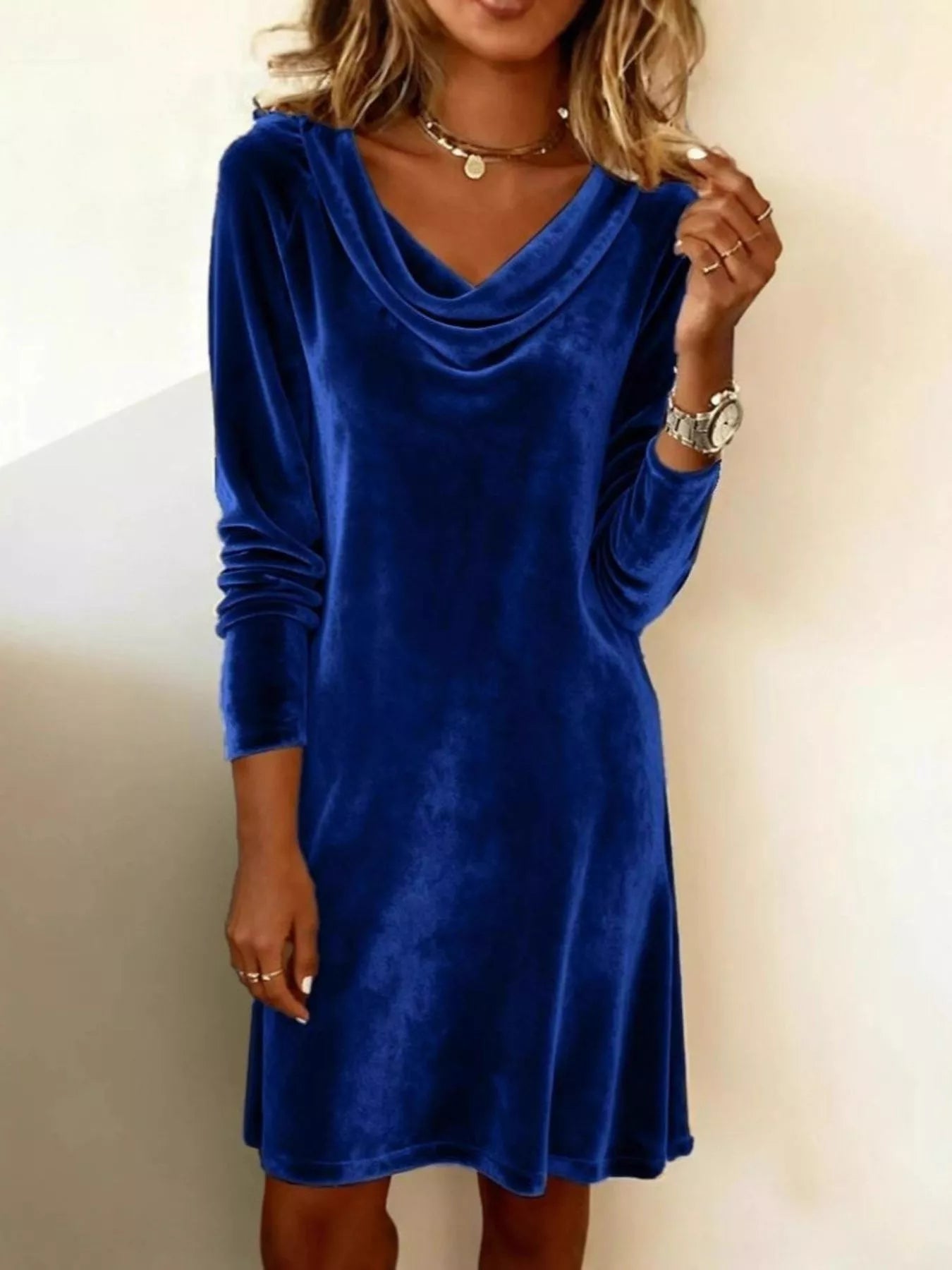 Velvet Cowl Neck Long Sleeve Mini Dress