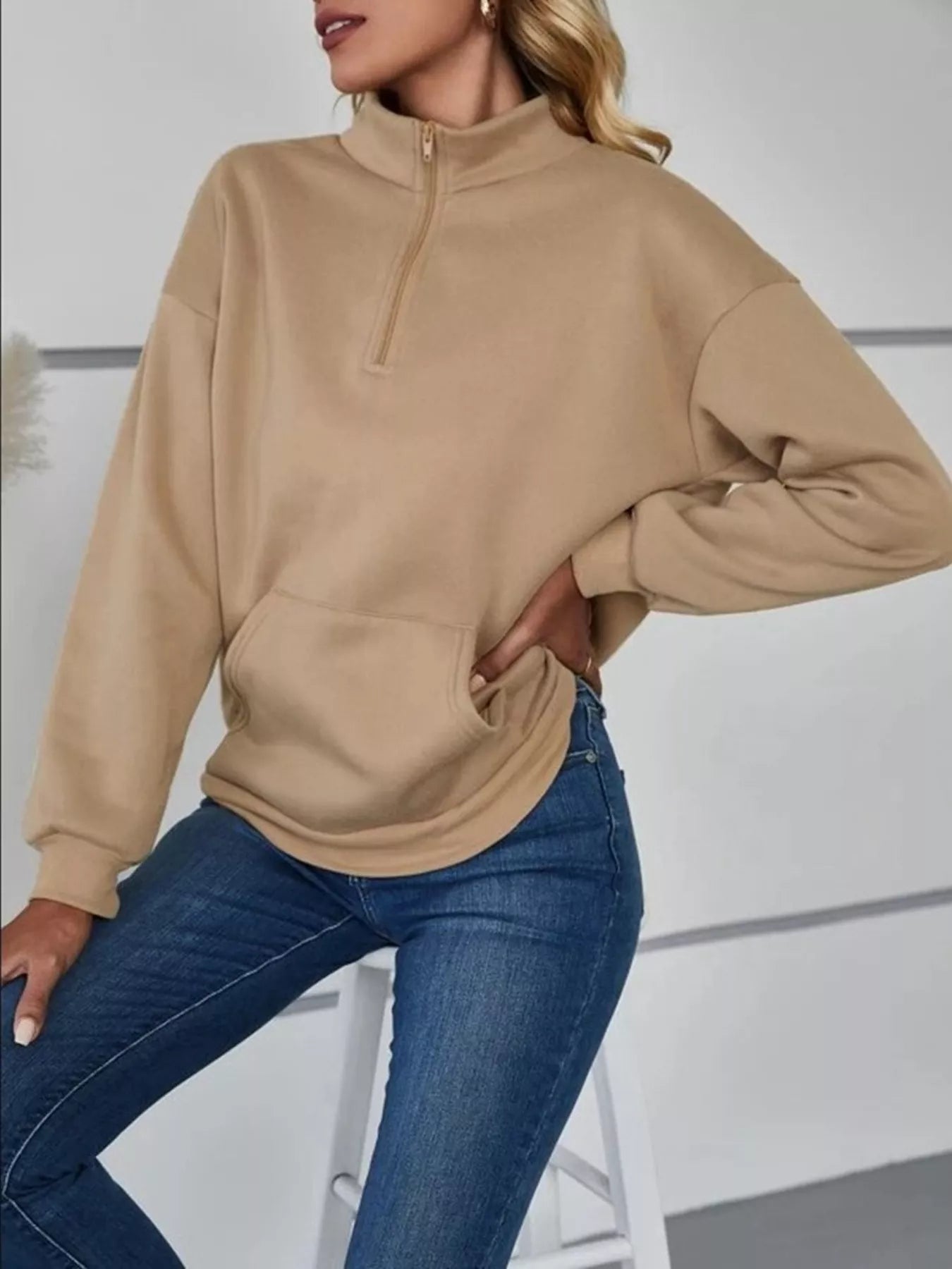 Zip-Up Collar Sweatshirt with Pocket