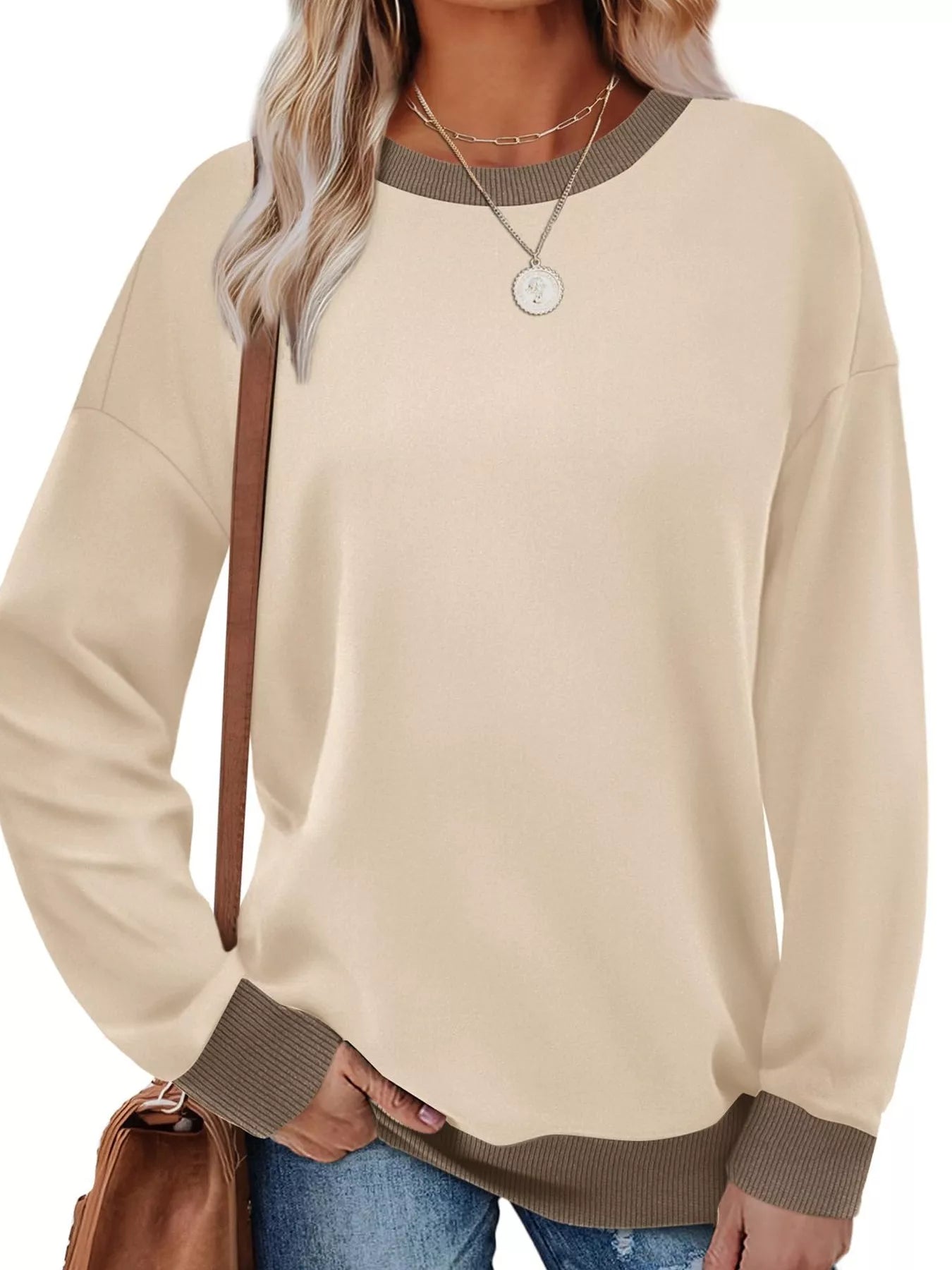 Contrast Trim Crew Neck Casual Sweatshirt