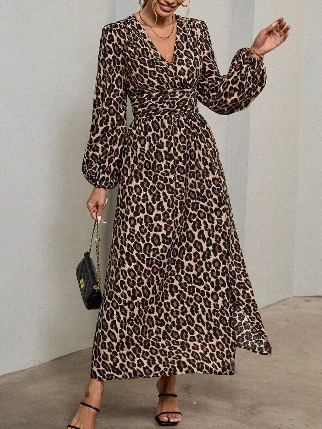 Slit Balloon Sleeve Midi Dress