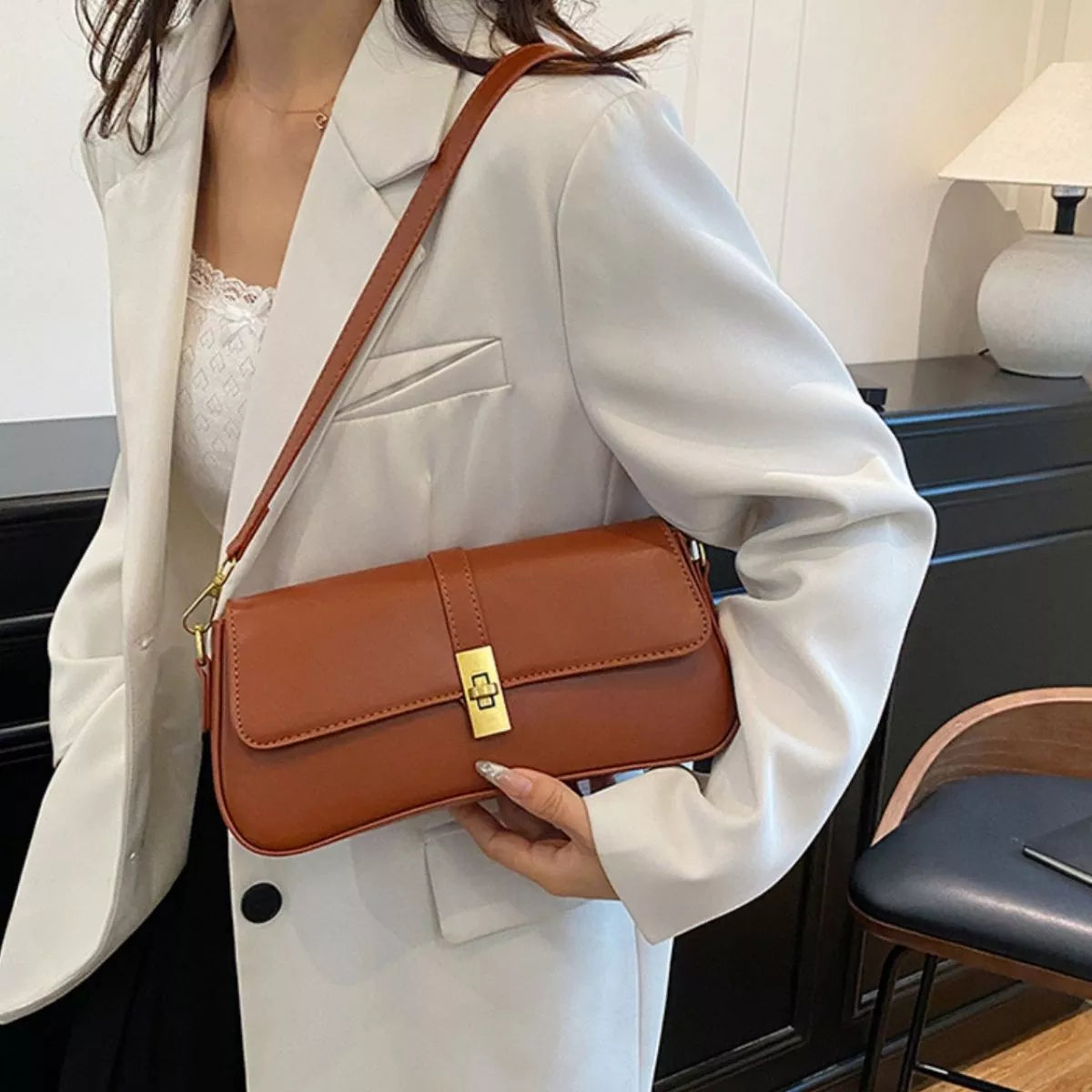 Rectangular Crossbody Bag with Golden Buckle