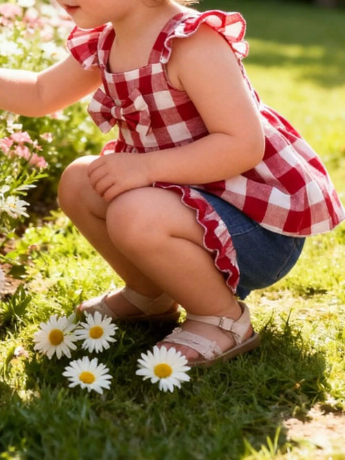 Children's Gingham Bowknot Ruffle Trim Top and Shorts Set