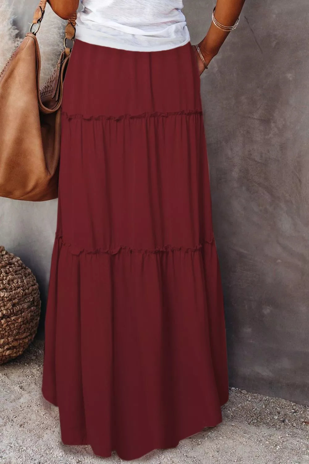 Frill Tiered Drawstring Waist Maxi Skirt
