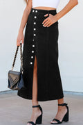 Button Fly Side Split Denim Midi Skirt