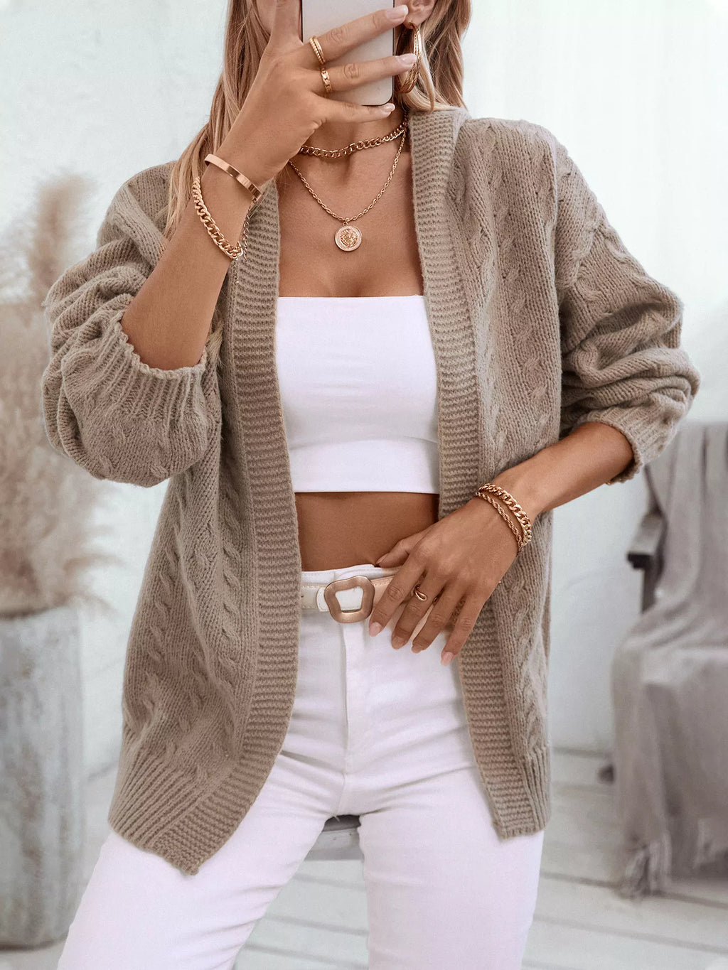 Cable Knit Open Front Hooded Cardigan
