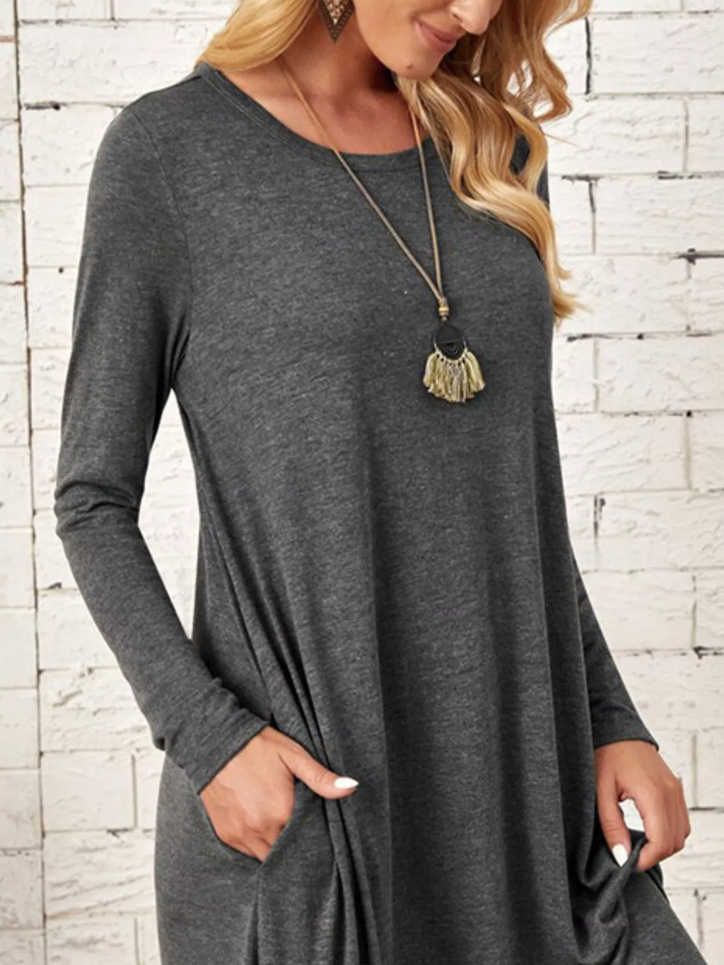 Casual Long Sleeve Pocket Midi Dress