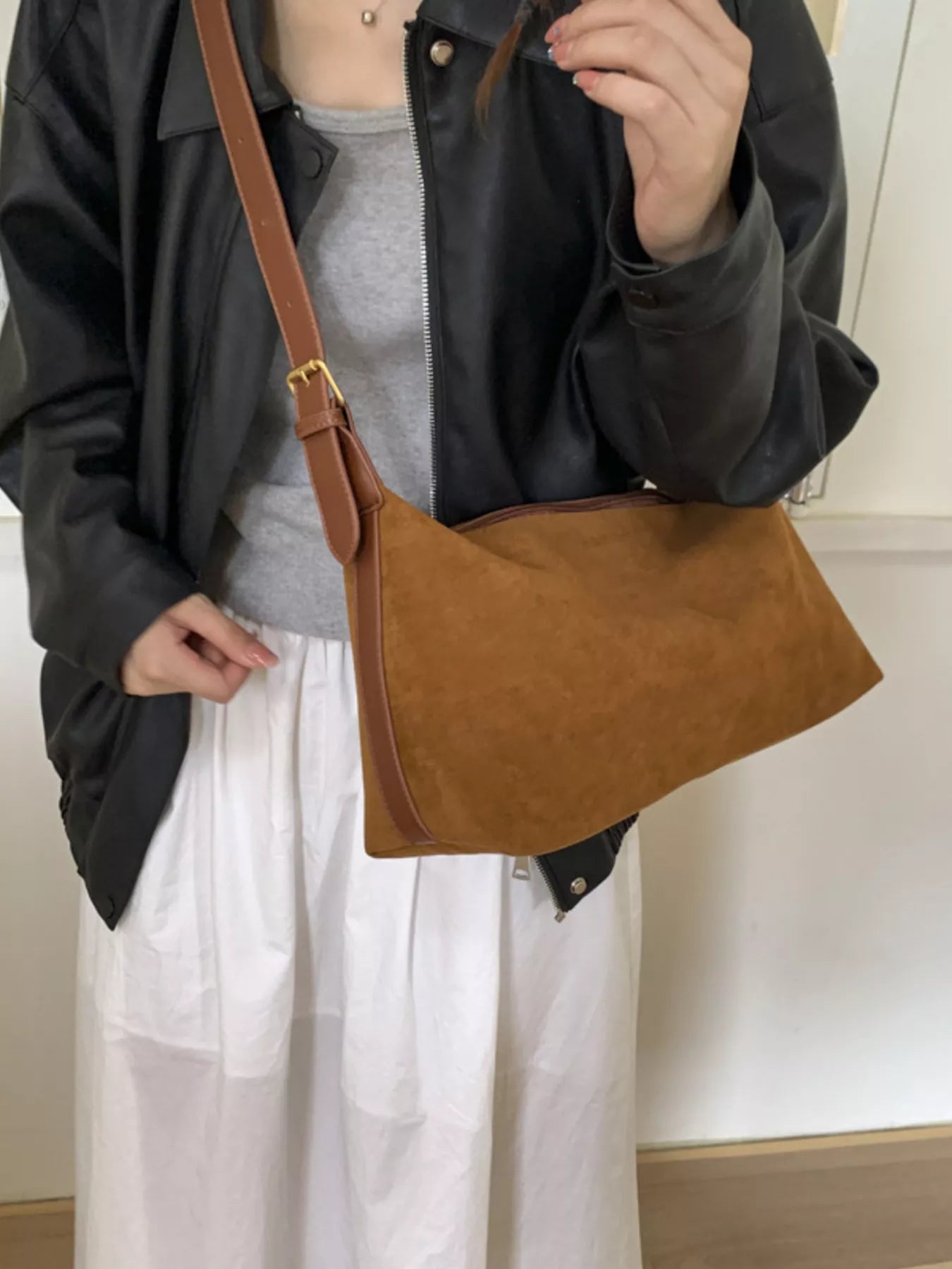 Solid Color Suede Hobo Crossbody Bag