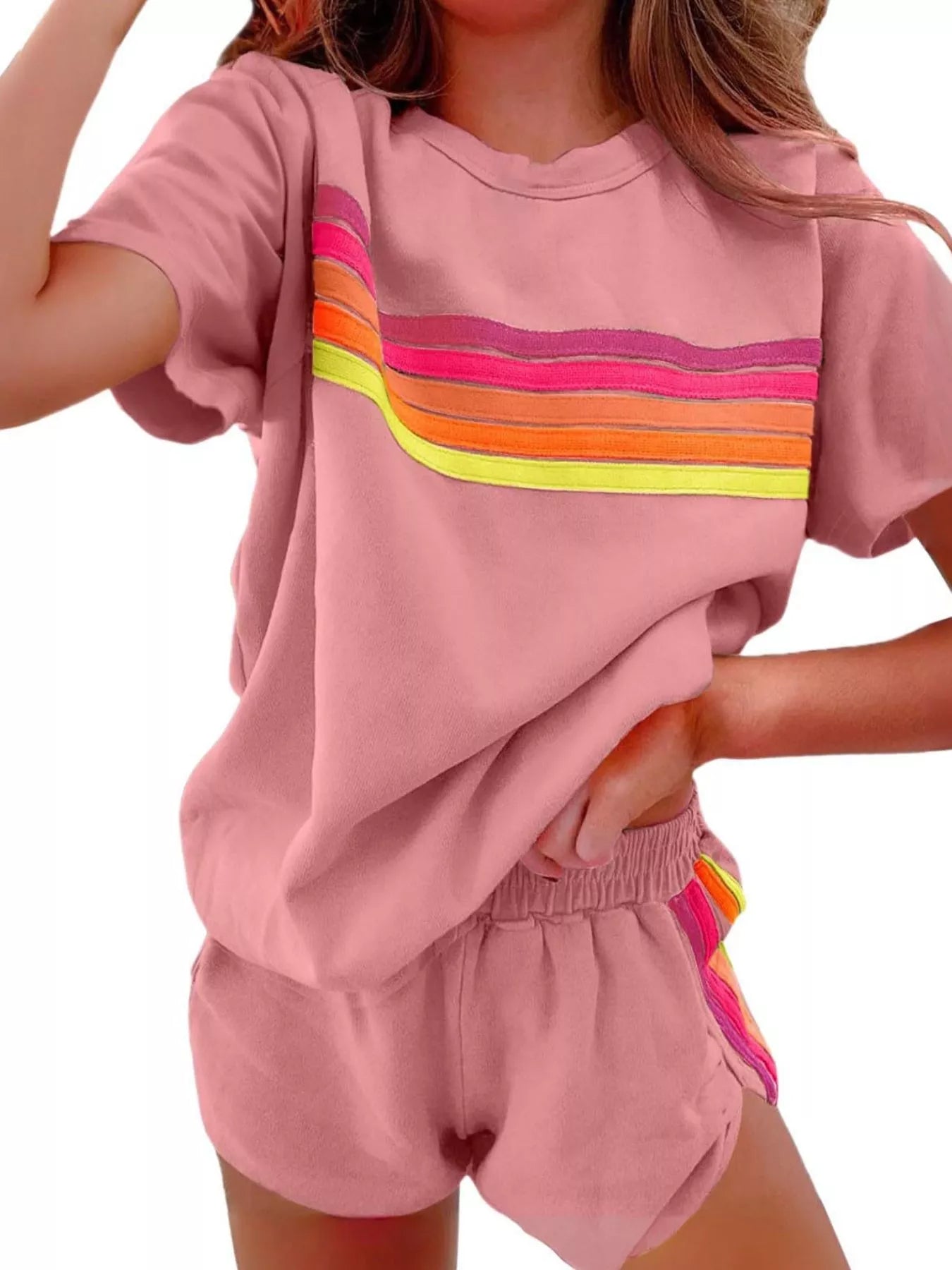 Rainbow Striped Round Neck Top and Shorts Set